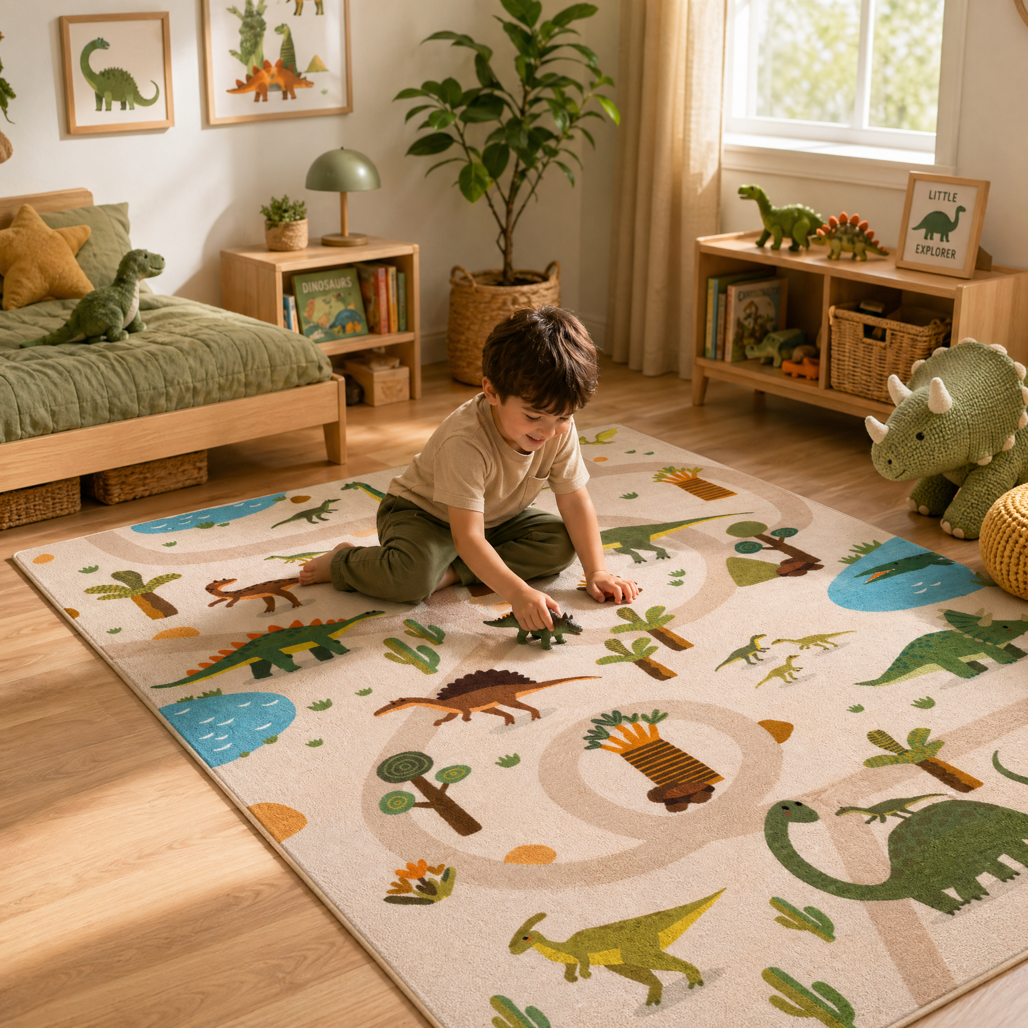 Kinderkleed Dino - Vloerkleed Kinderkamer Anti-slip Groen Beige