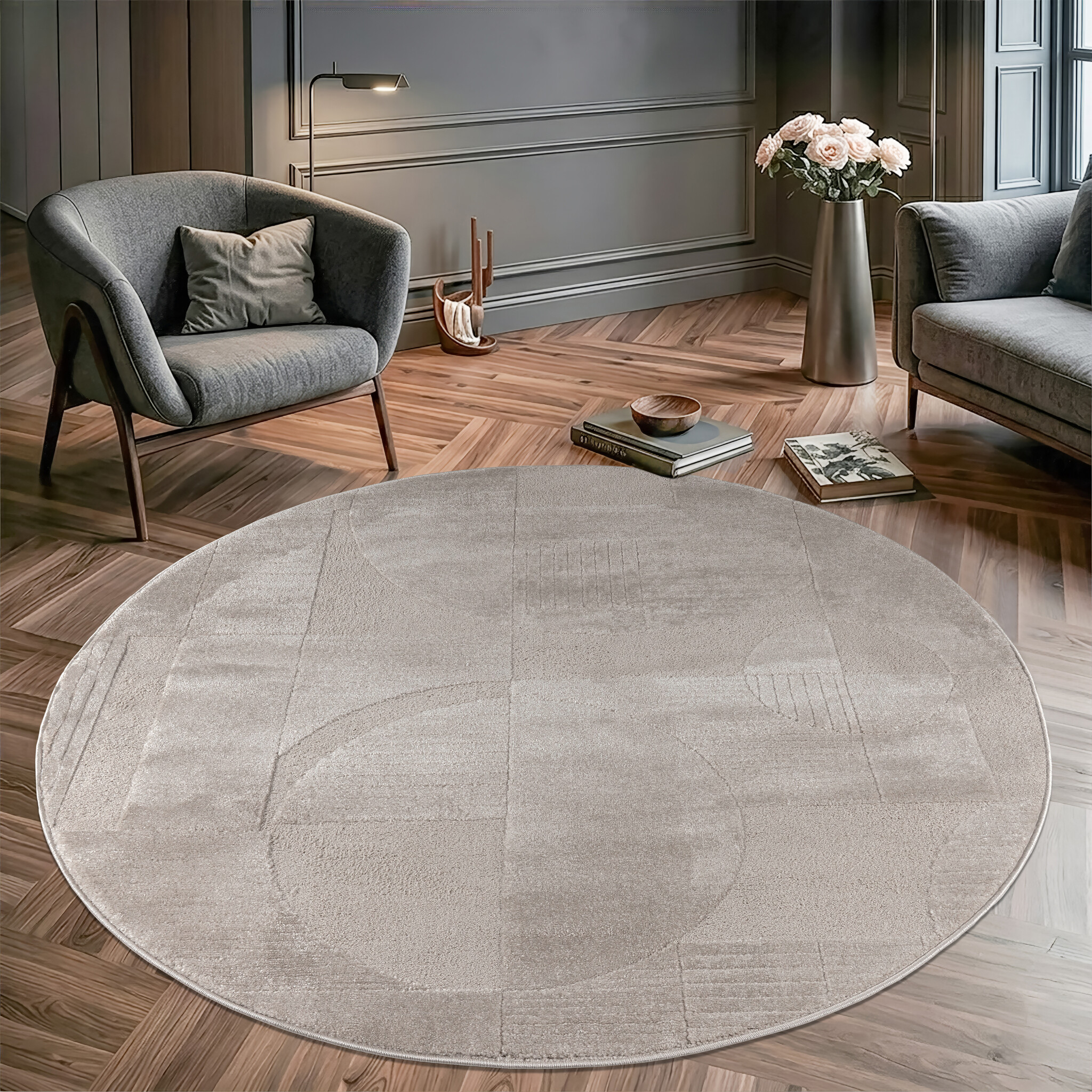 Vivant Japandi Abstract - Rond Vloerkleed Laagpolig - Taupe Beige