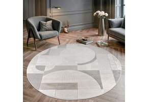 Vivant Japandi Abstract - Rond Vloerkleed Laagpolig - Creme Multi