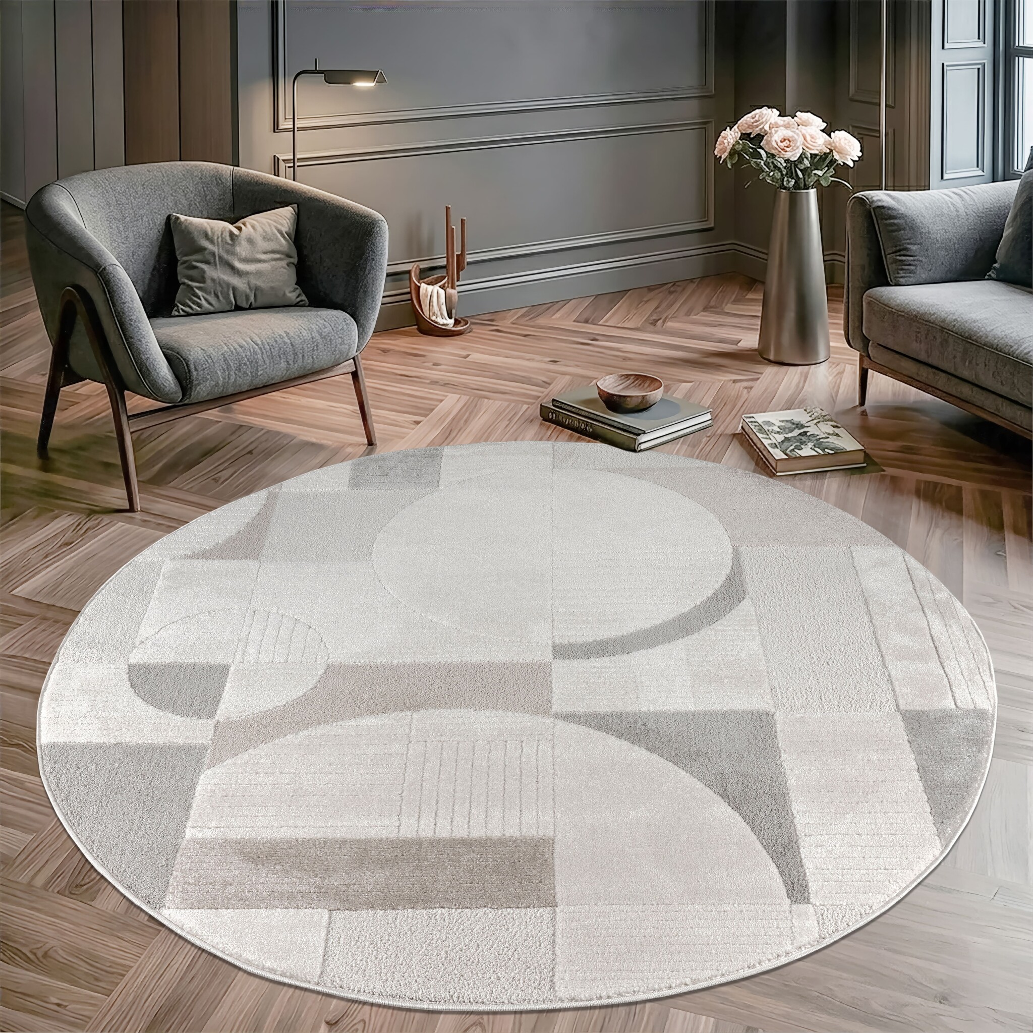 Vivant Japandi Abstract - Rond Vloerkleed Laagpolig - Creme Multi