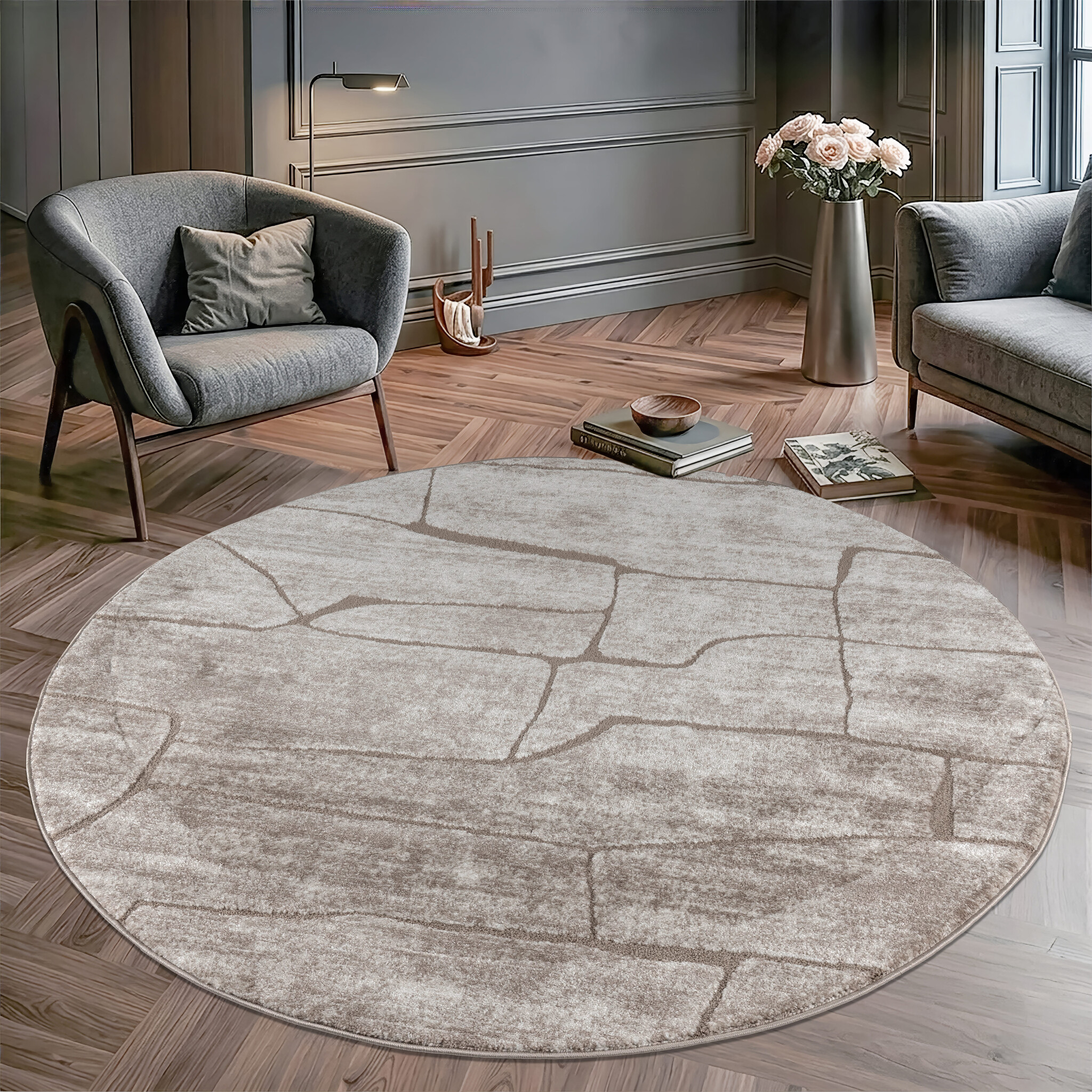Vivant Marmer - Rond Vloerkleed Laagpolig - Taupe Beige