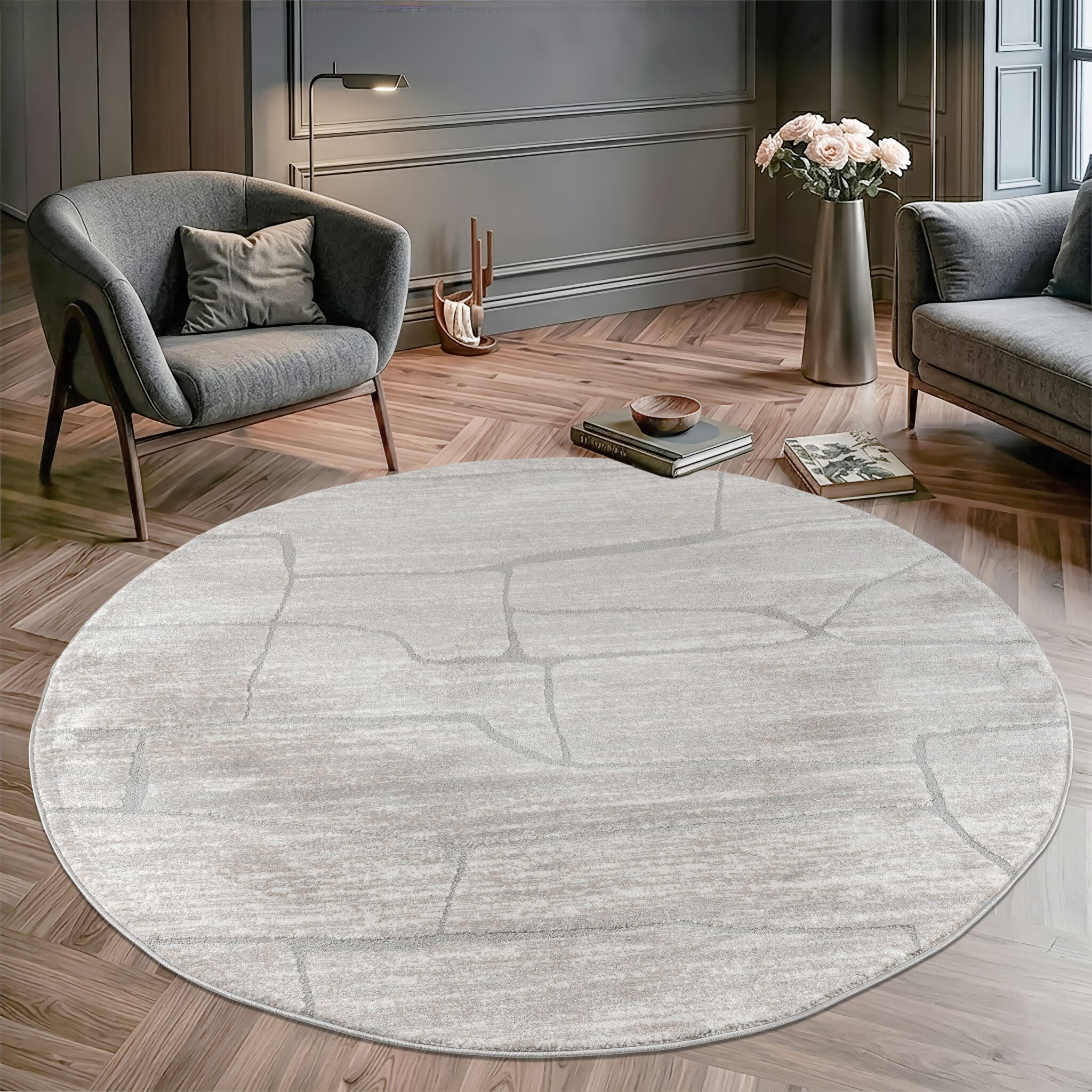 Vivant Marmer - Rond Vloerkleed Laagpolig - Beige Creme