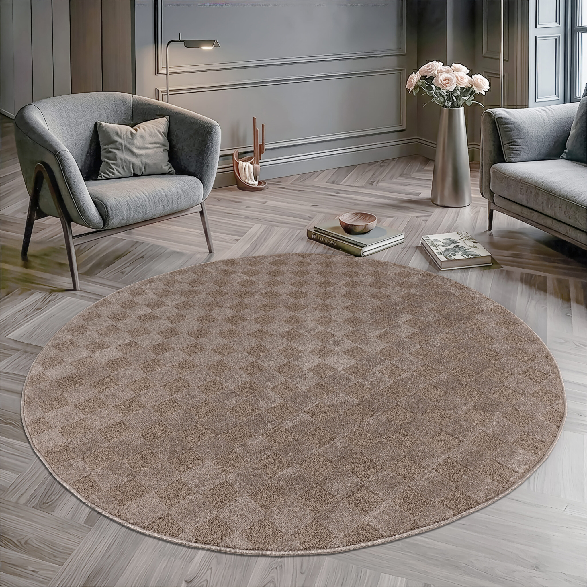 Vivant Chesterfield - Rond Vloerkleed Laagpolig Effen - Taupe