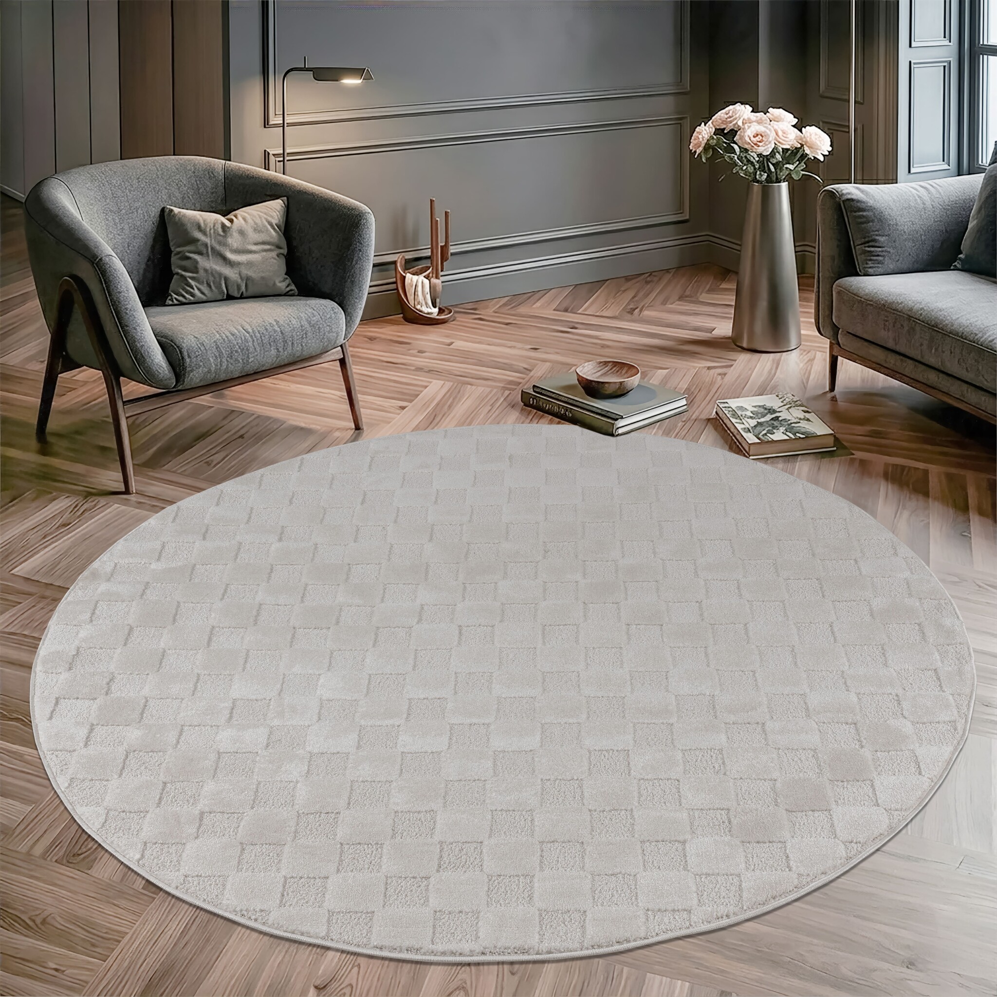 Vivant Chesterfield - Rond Vloerkleed Laagpolig Effen - Creme