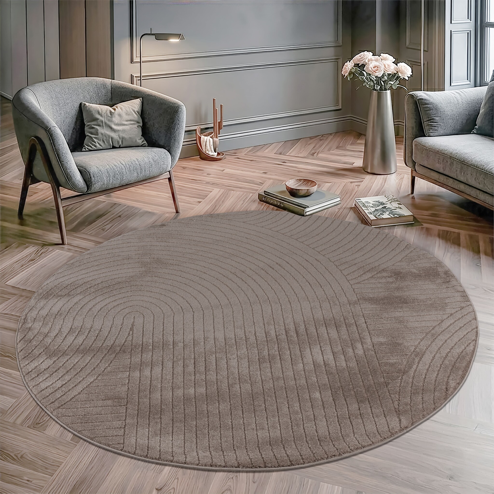 Vivant Japandi Art - Rond Vloerkleed Laagpolig Effen - Taupe