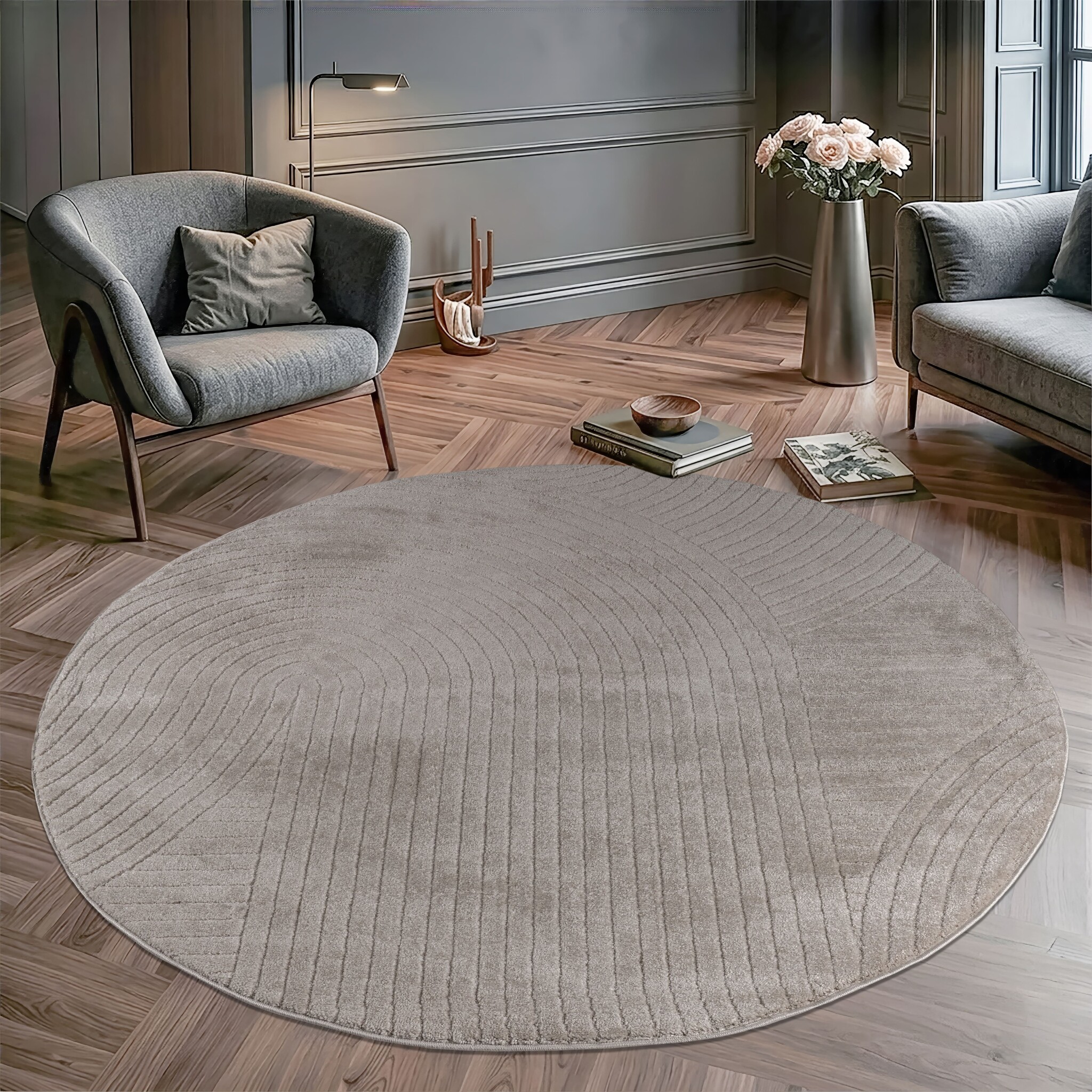 Vivant Japandi Art - Rond Vloerkleed Laagpolig Effen - Beige