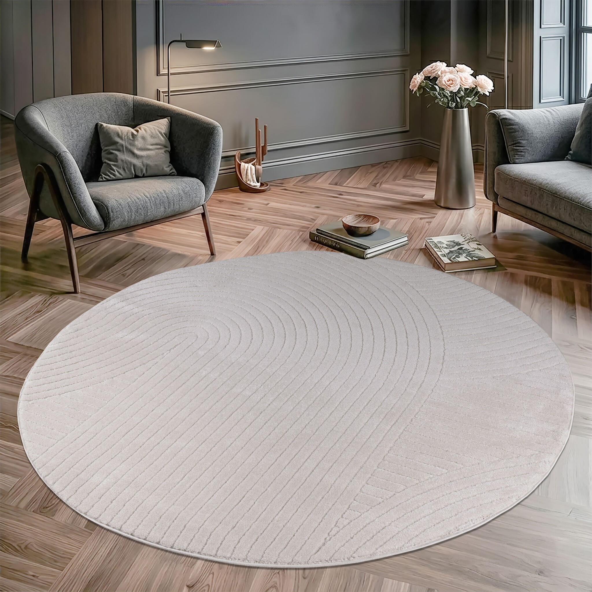 Vivant Japandi Art - Rond Vloerkleed Laagpolig Effen - Creme