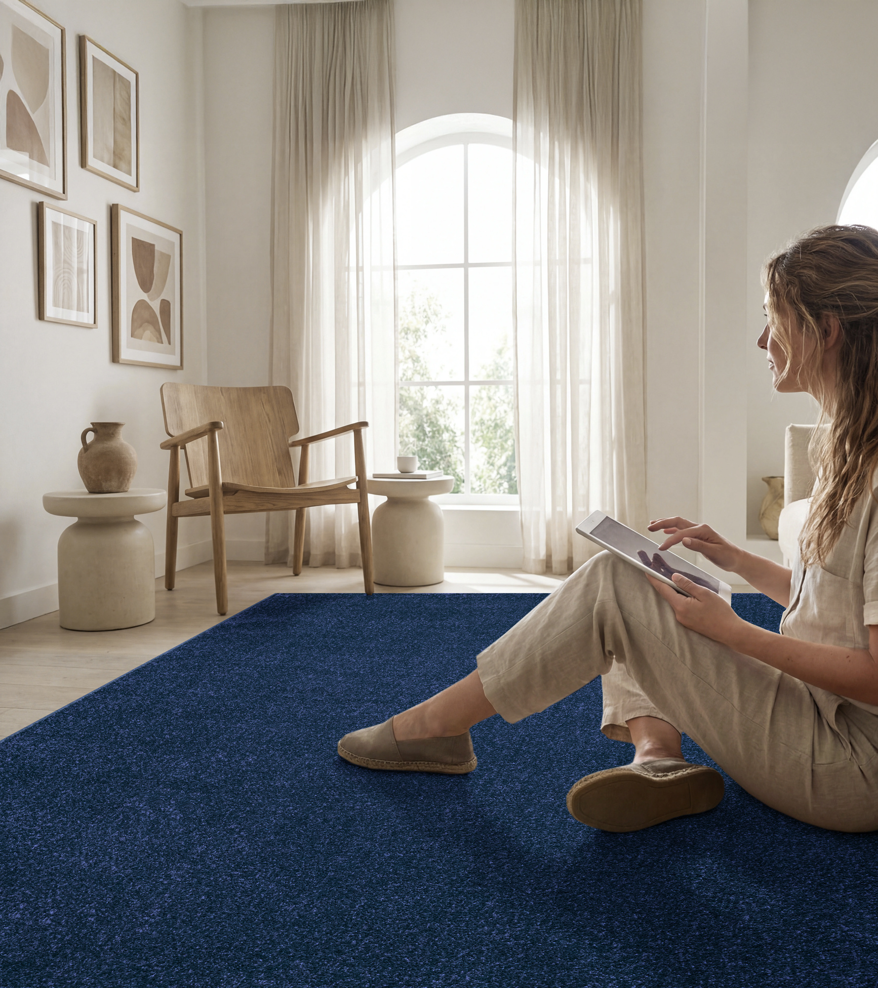 Uni Effen Laagpolig Vloerkleed Modern Donker Blauw Navy