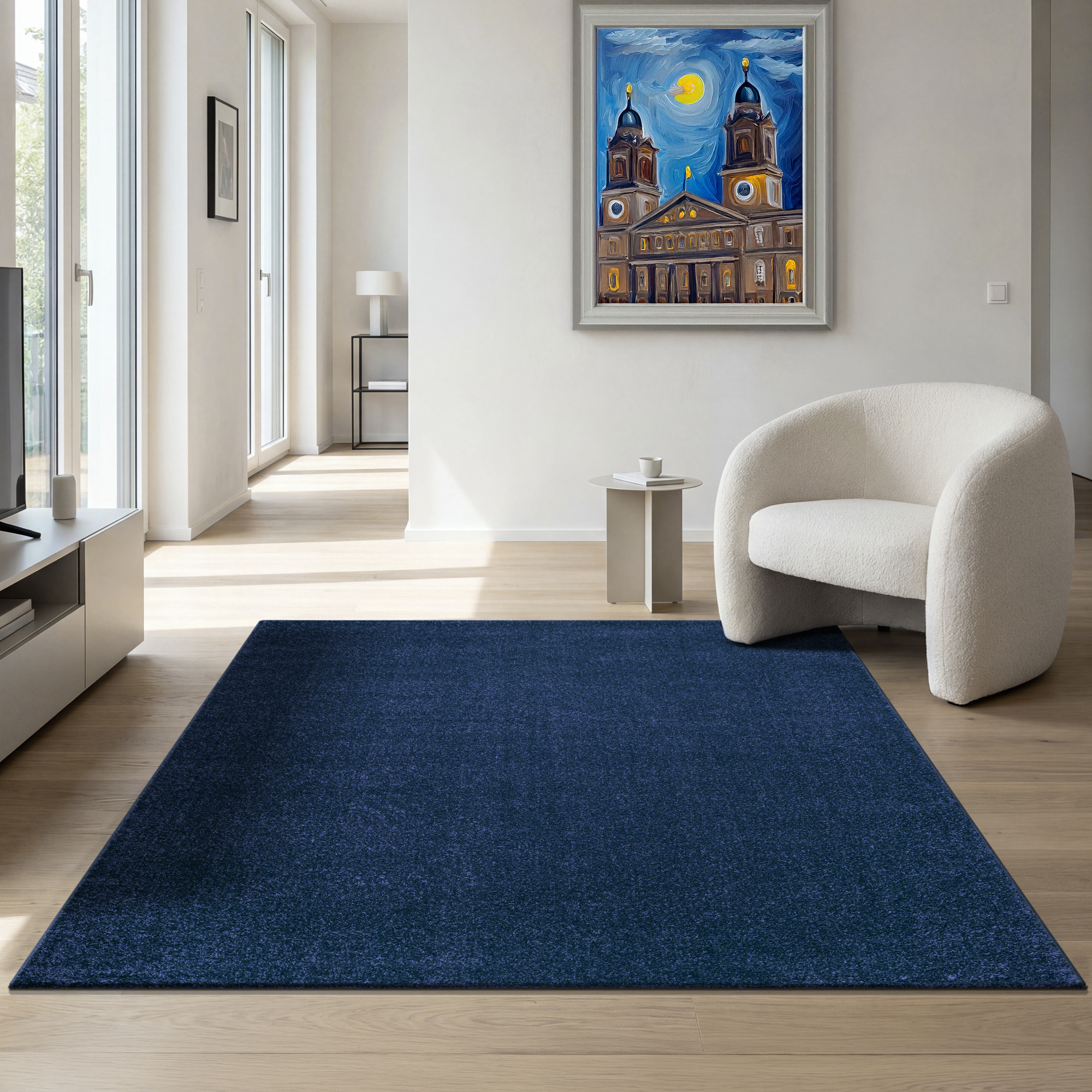 Uni Effen Laagpolig Vloerkleed Modern Donker Blauw Navy