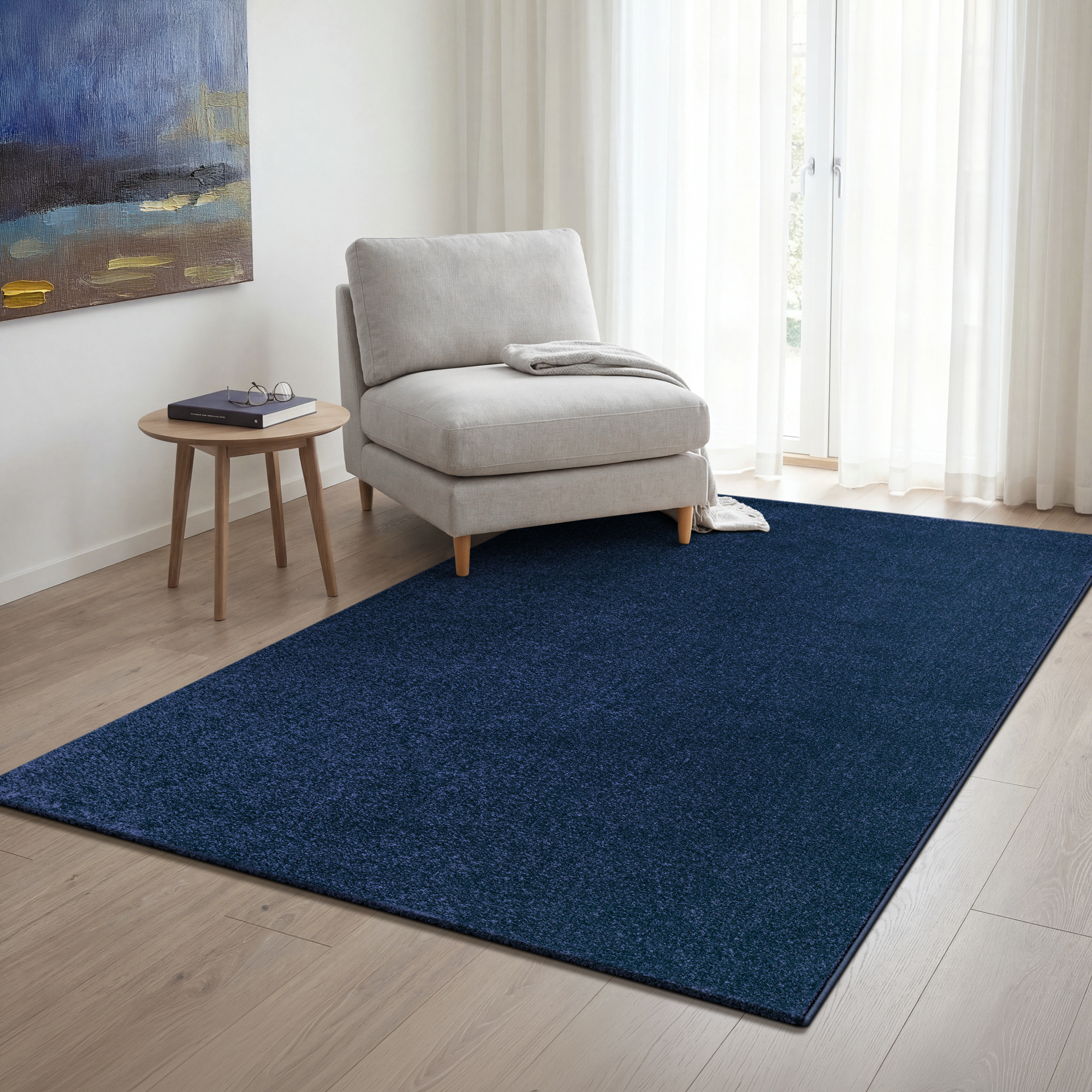 Uni Effen Laagpolig Vloerkleed Modern Donker Blauw Navy