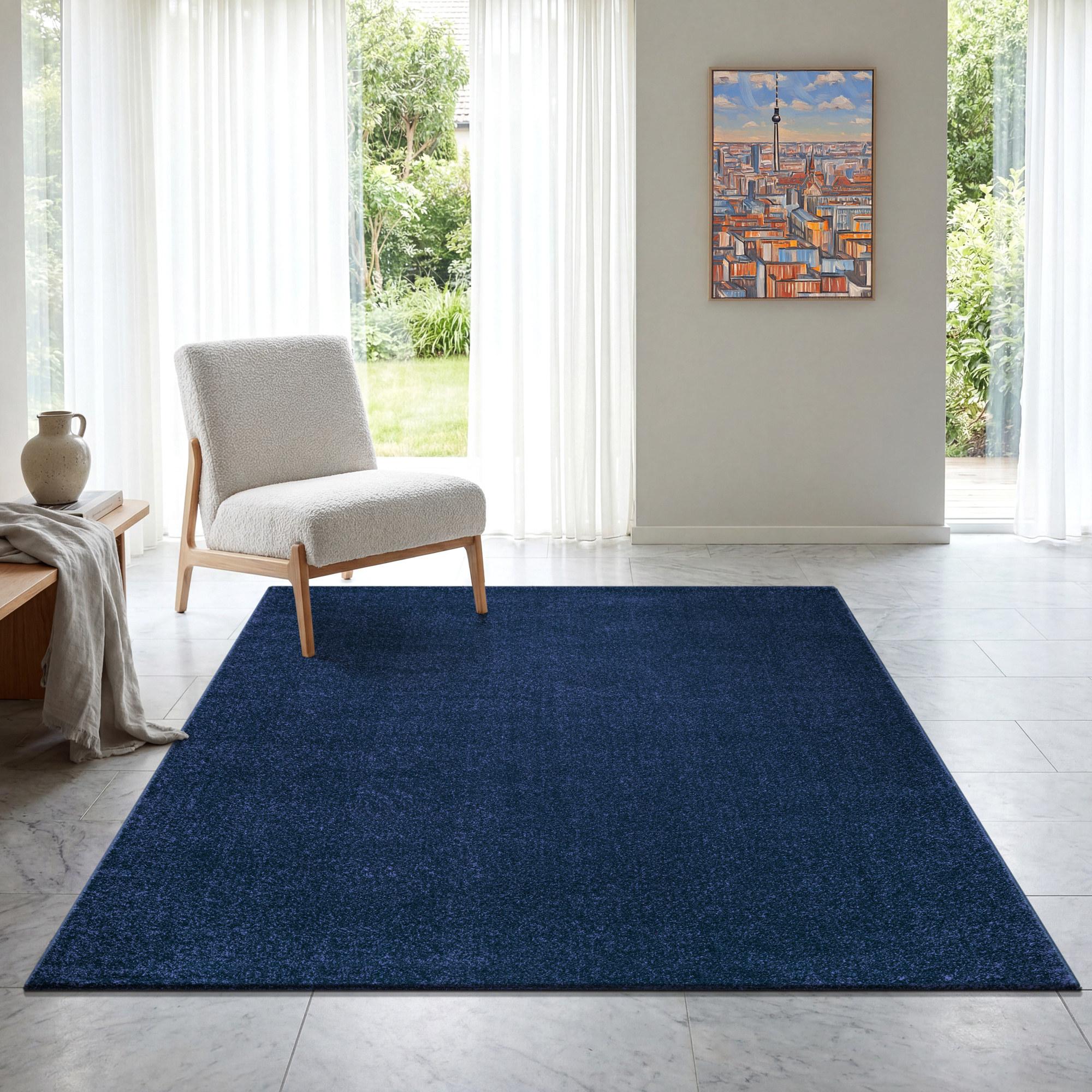 Uni Effen Laagpolig Vloerkleed Modern Donker Blauw Navy