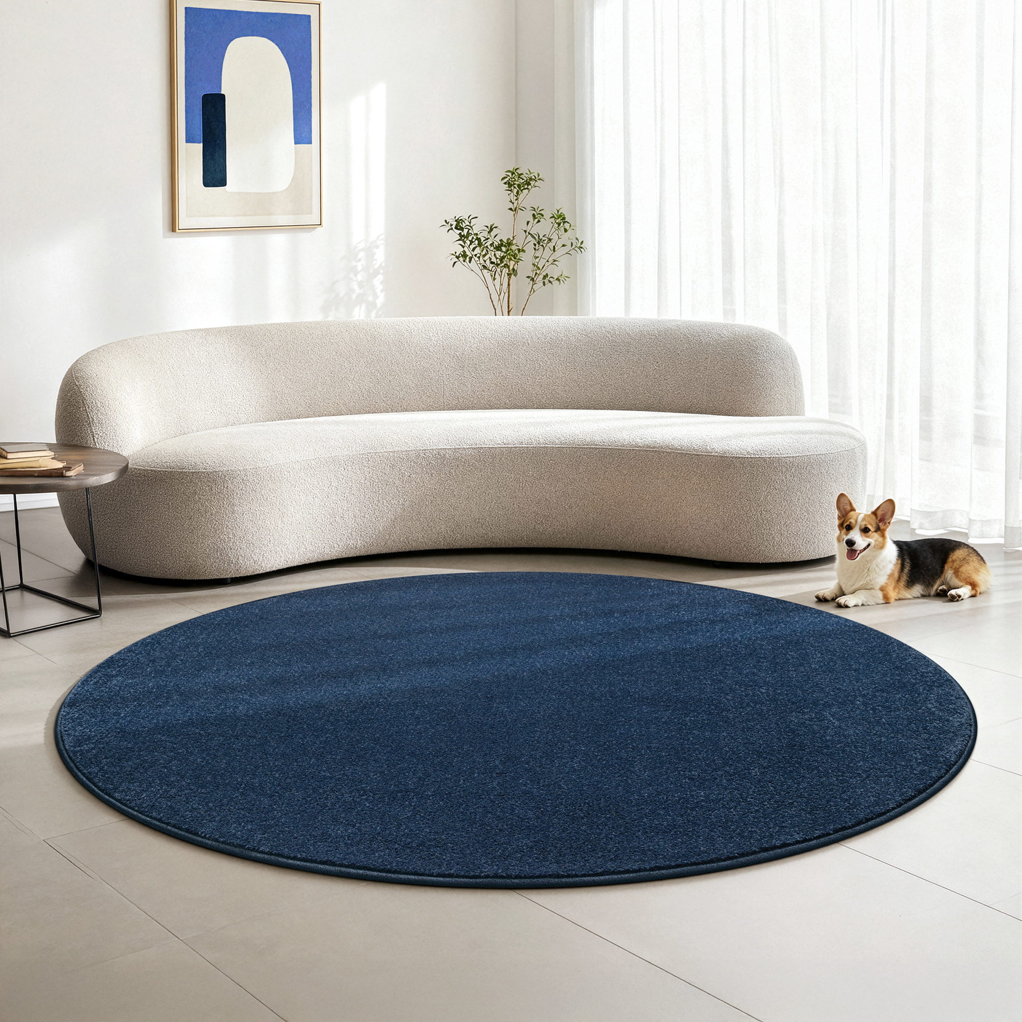 Uni Rond Effen Laagpolig Vloerkleed Modern Donker Blauw Navy