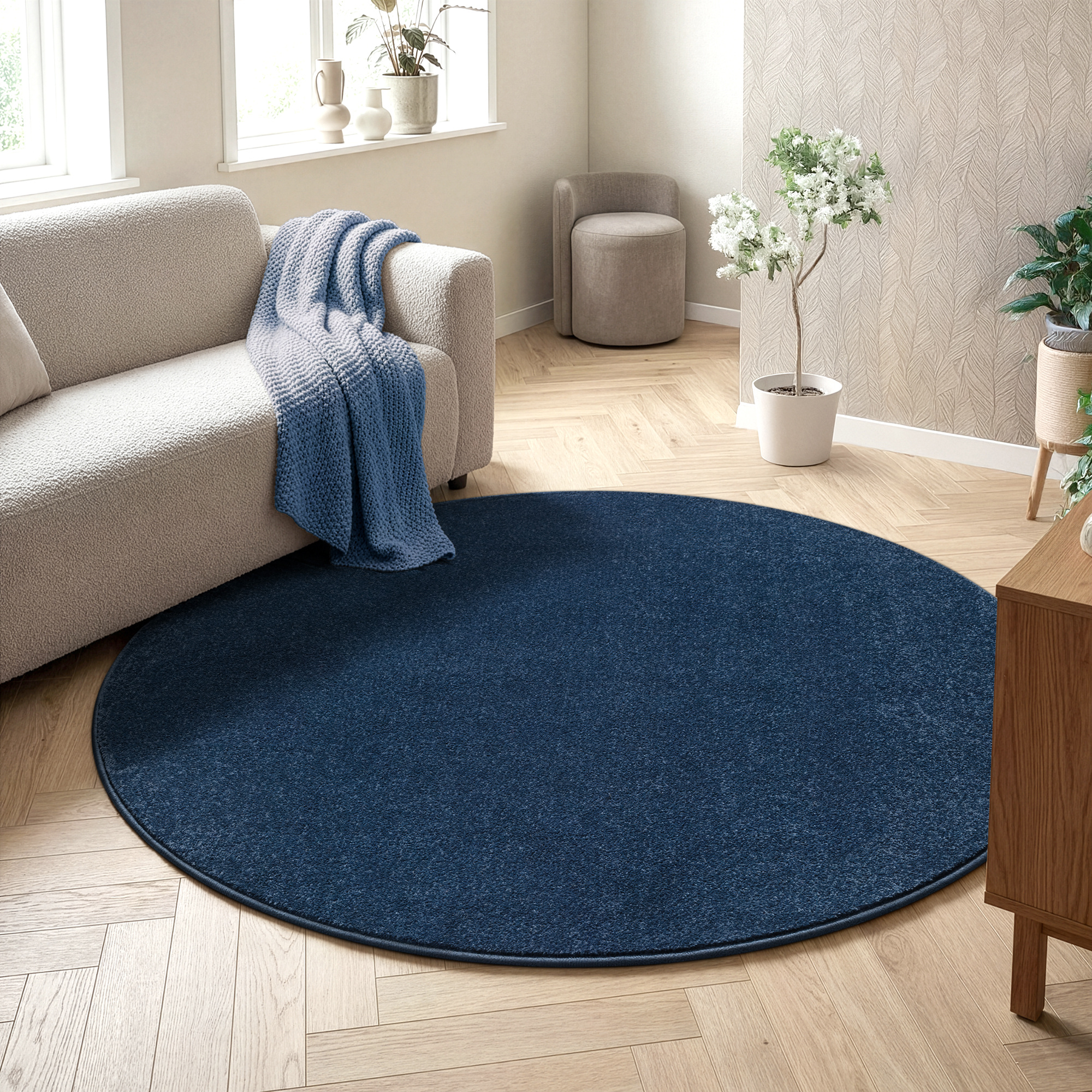 Uni Rond Effen Laagpolig Vloerkleed Modern Donker Blauw Navy