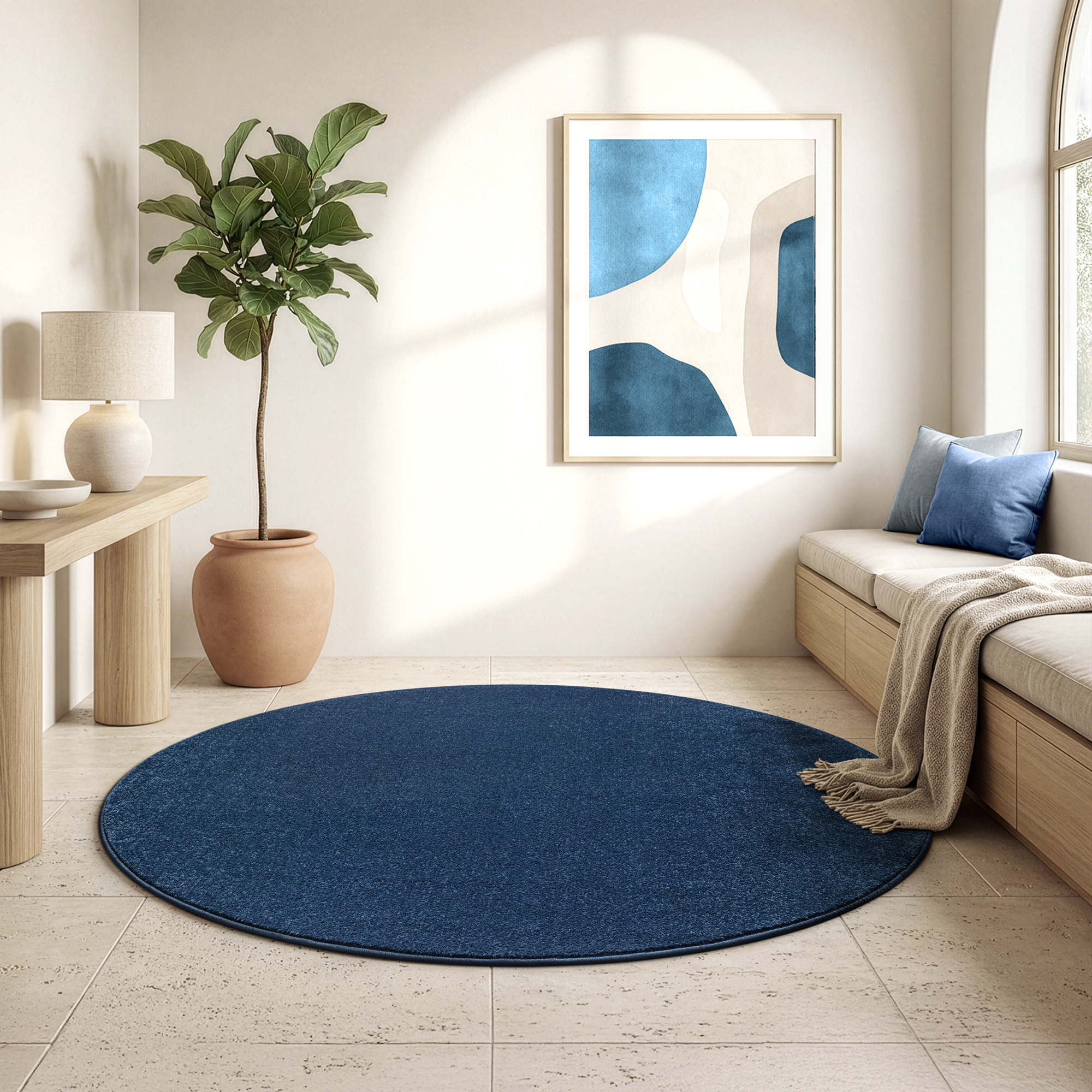 Uni Rond Effen Laagpolig Vloerkleed Modern Donker Blauw Navy