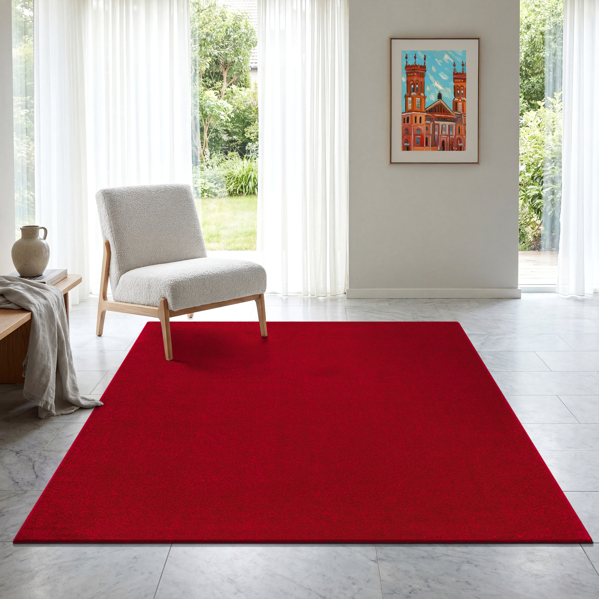 Uni Effen Laagpolig Vloerkleed Modern Rood