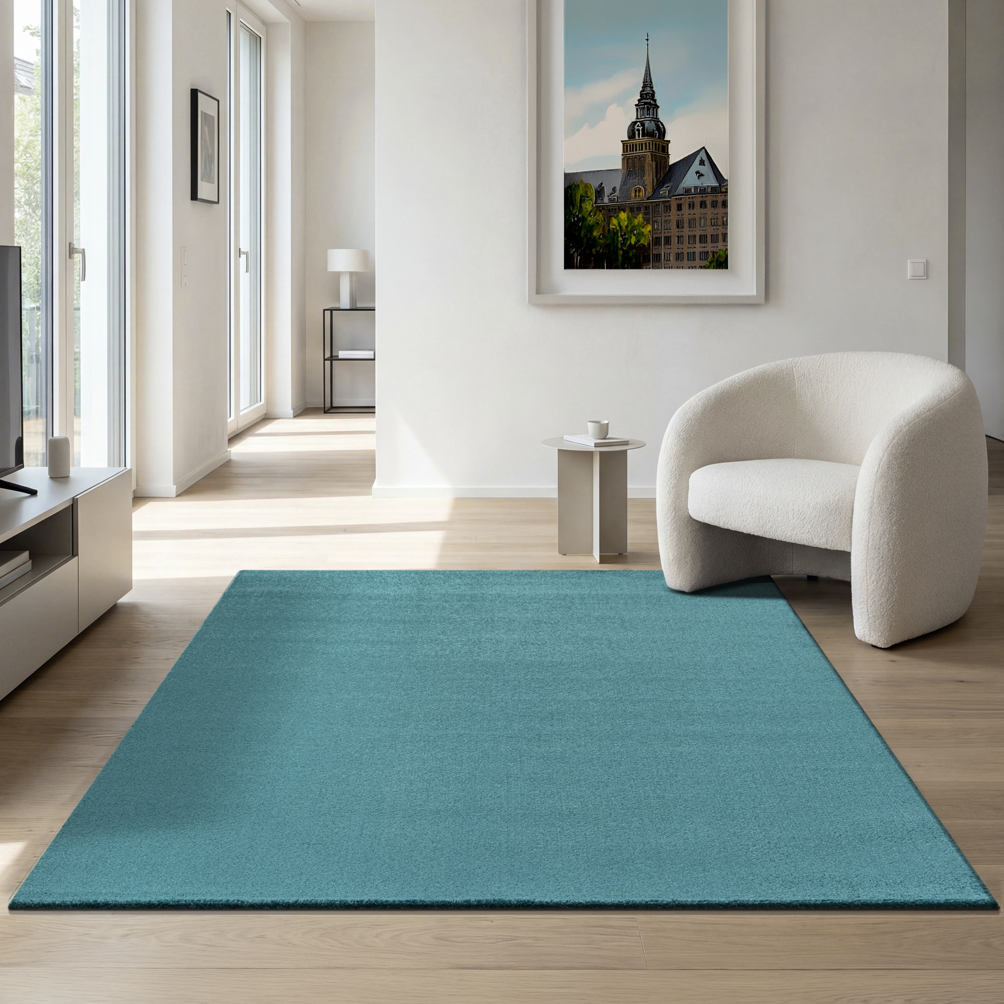 Uni Effen Laagpolig Vloerkleed Modern Blauw