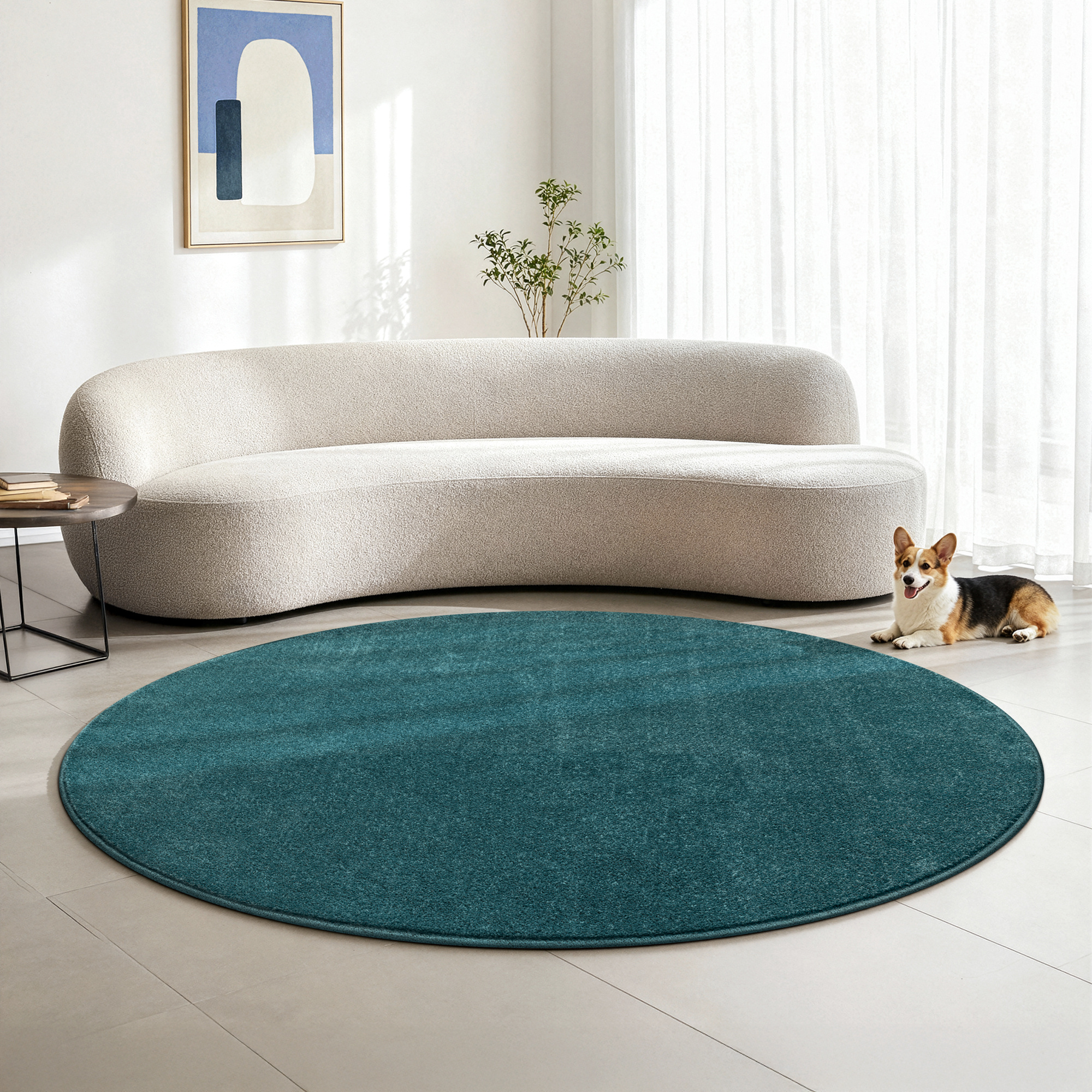 Uni Rond Effen Laagpolig Vloerkleed Modern Blauw