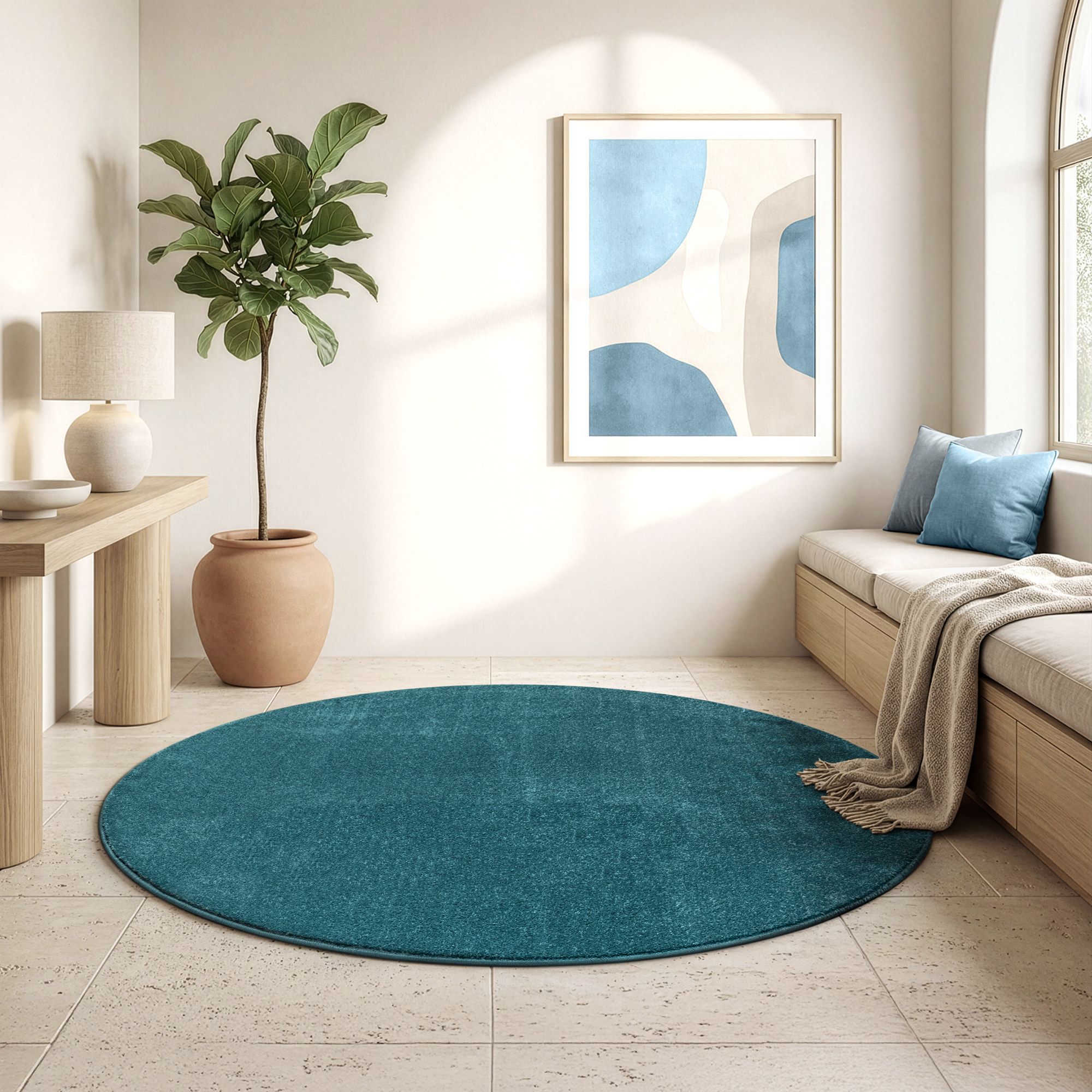 Uni Rond Effen Laagpolig Vloerkleed Modern Blauw