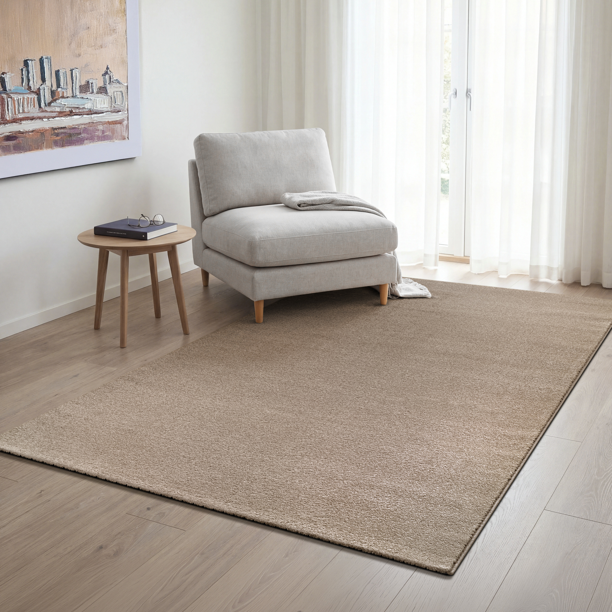 Uni Effen Laagpolig Vloerkleed Modern Beige