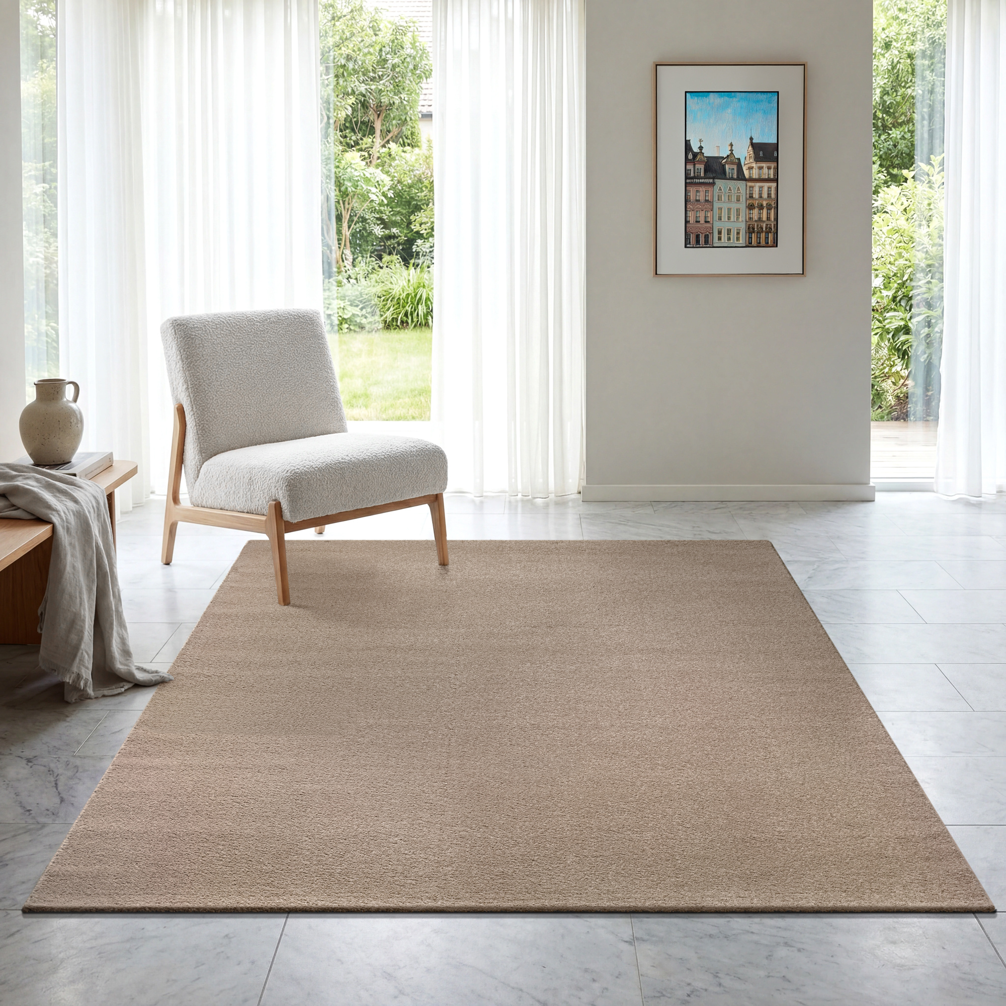 Uni Effen Laagpolig Vloerkleed Modern Beige