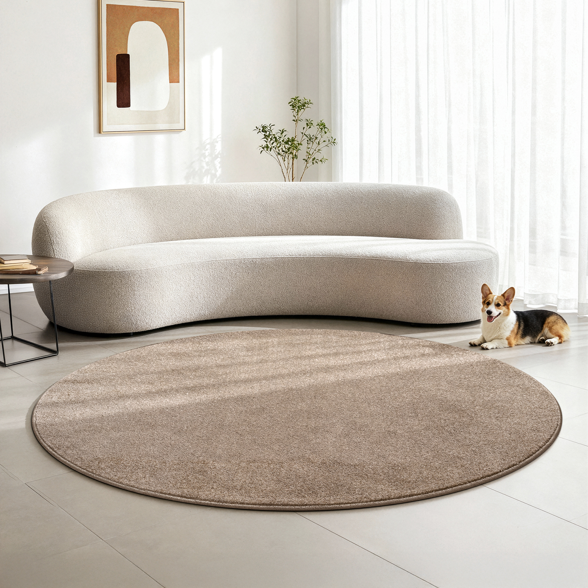 Uni Rond Effen Laagpolig Vloerkleed Modern Beige