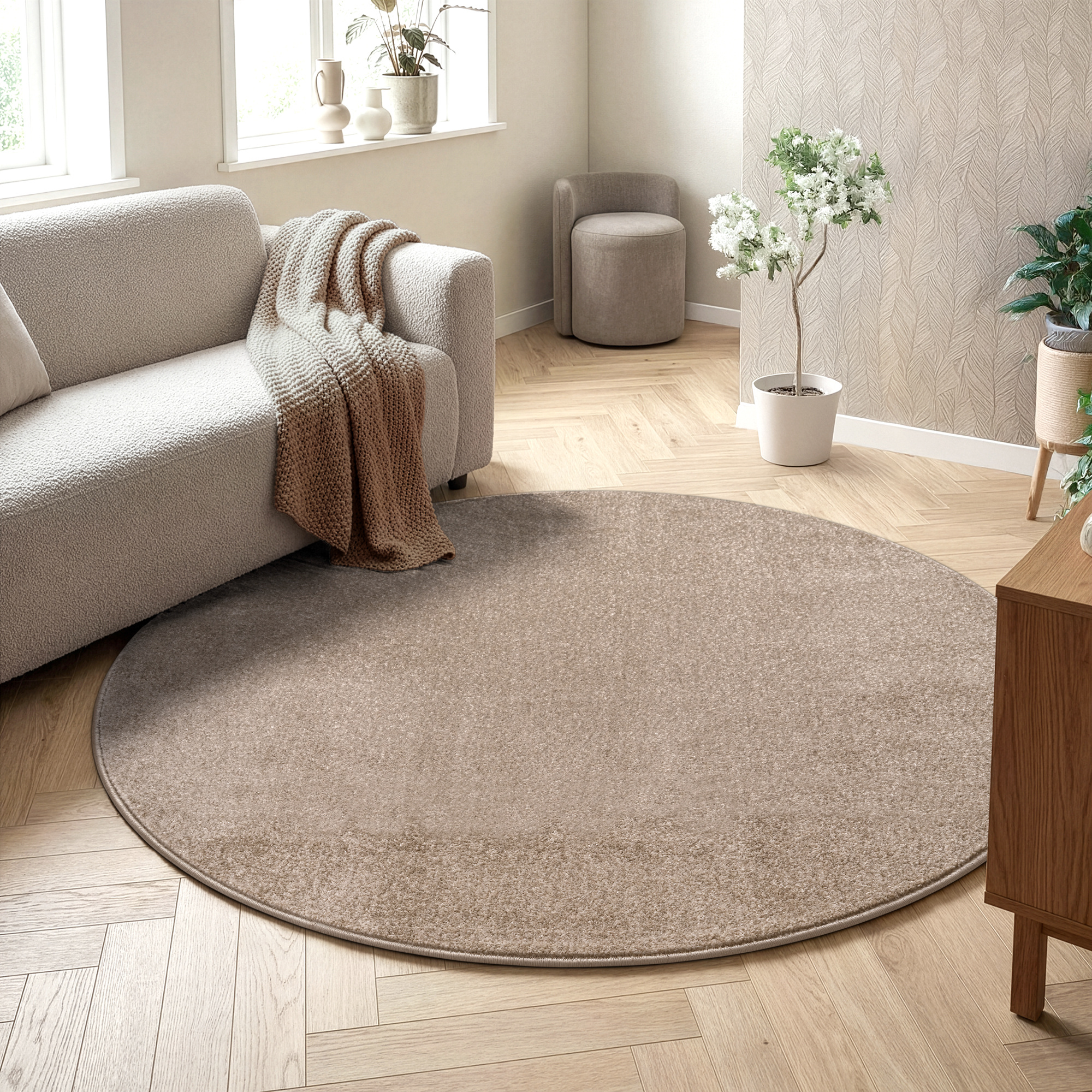 Uni Rond Effen Laagpolig Vloerkleed Modern Beige