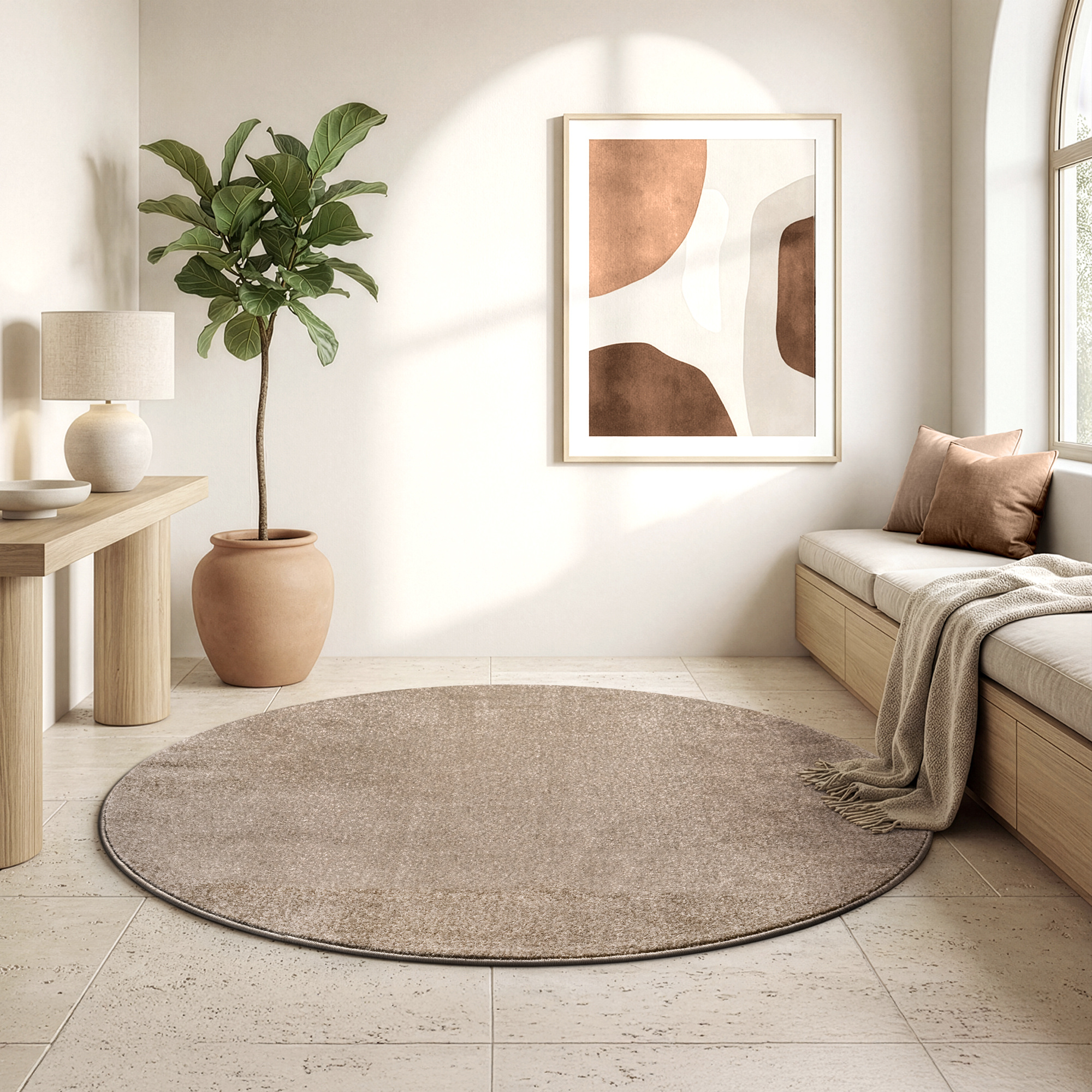 Uni Rond Effen Laagpolig Vloerkleed Modern Beige