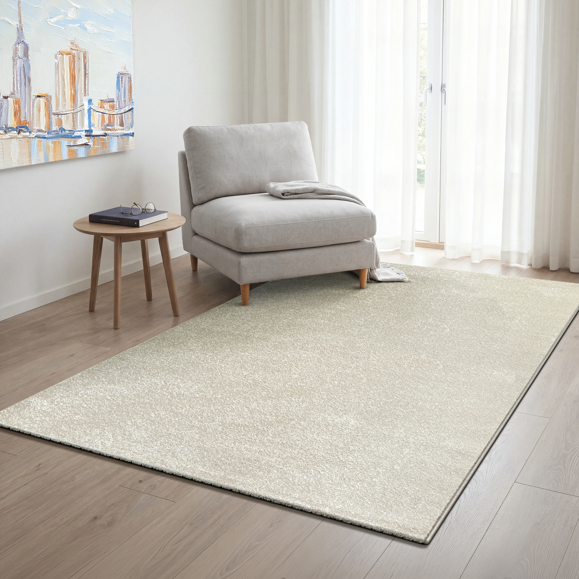 Uni Effen Laagpolig Vloerkleed Modern Creme