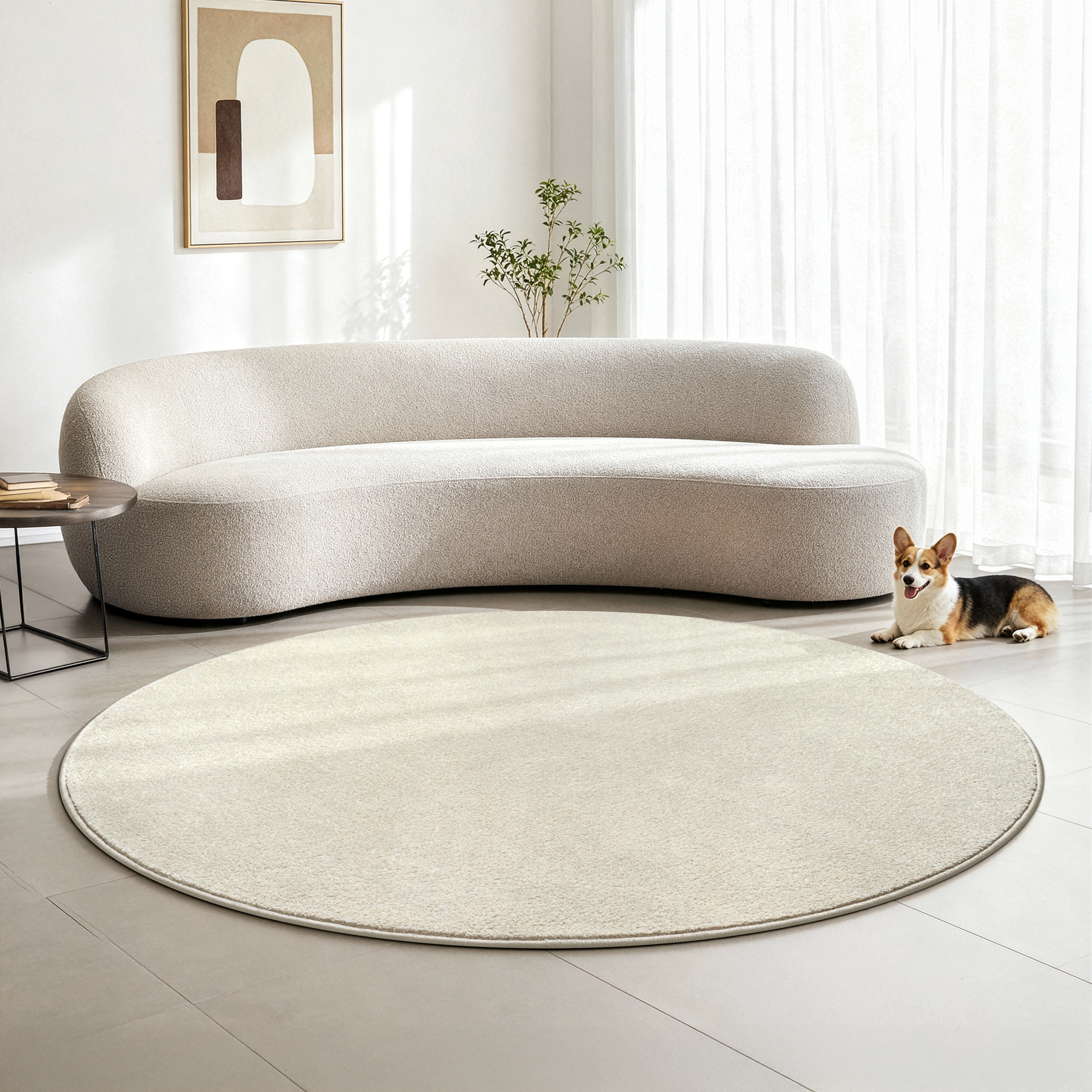 Uni Rond Effen Laagpolig Vloerkleed Modern Creme