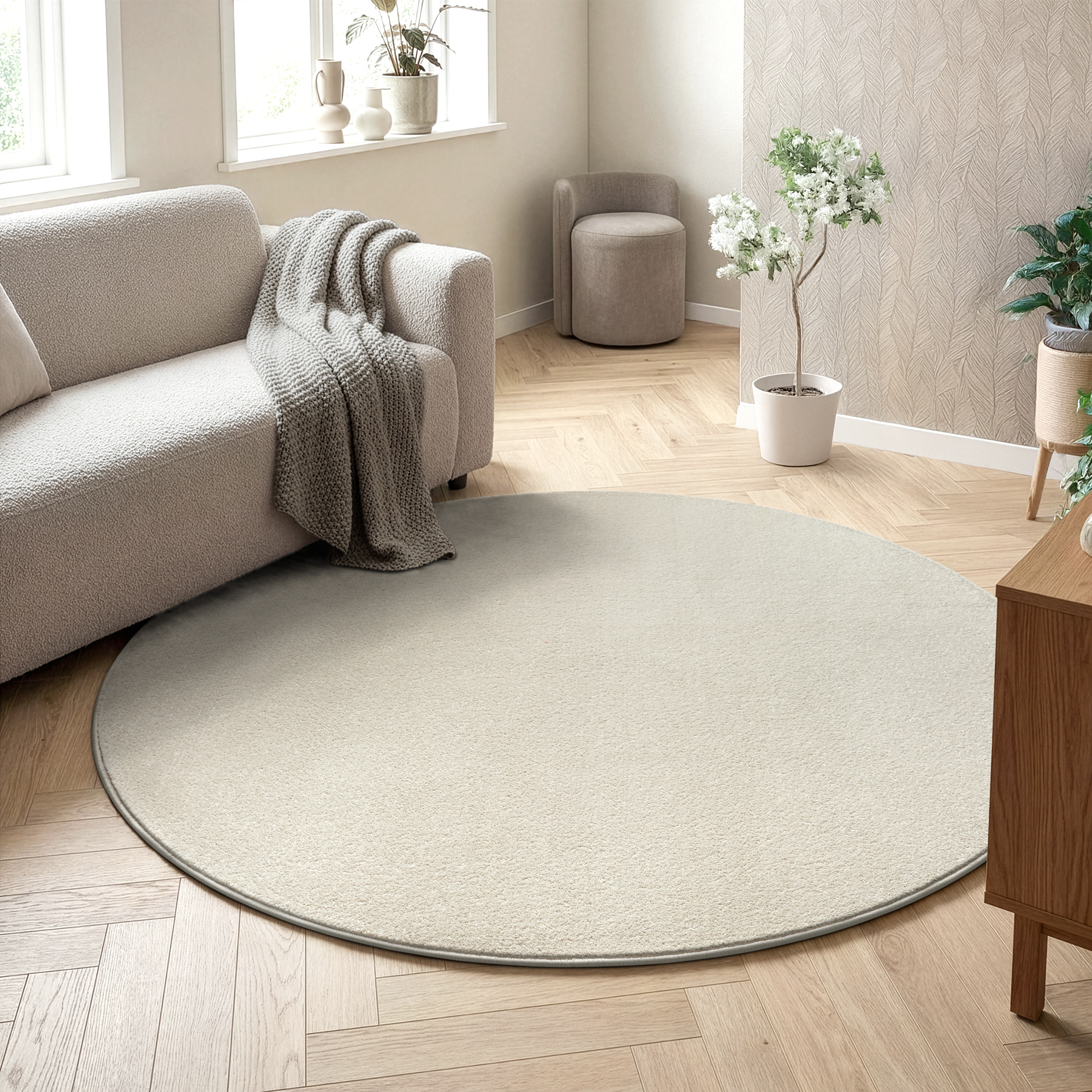 Uni Rond Effen Laagpolig Vloerkleed Modern Creme