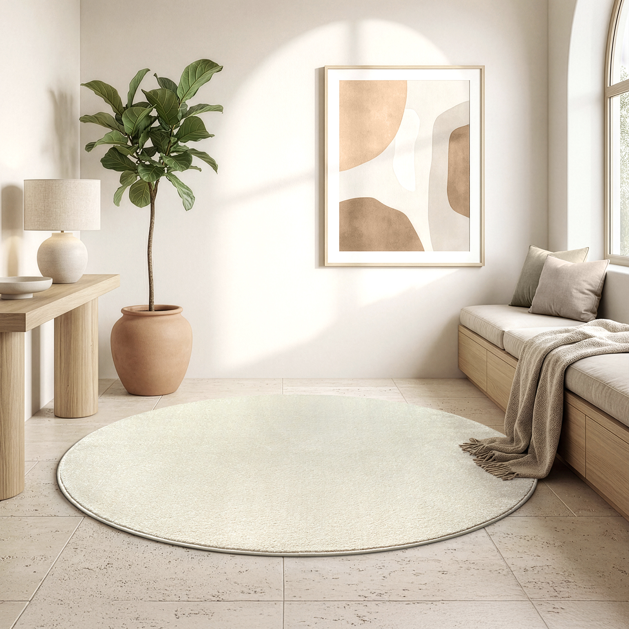 Uni Rond Effen Laagpolig Vloerkleed Modern Creme