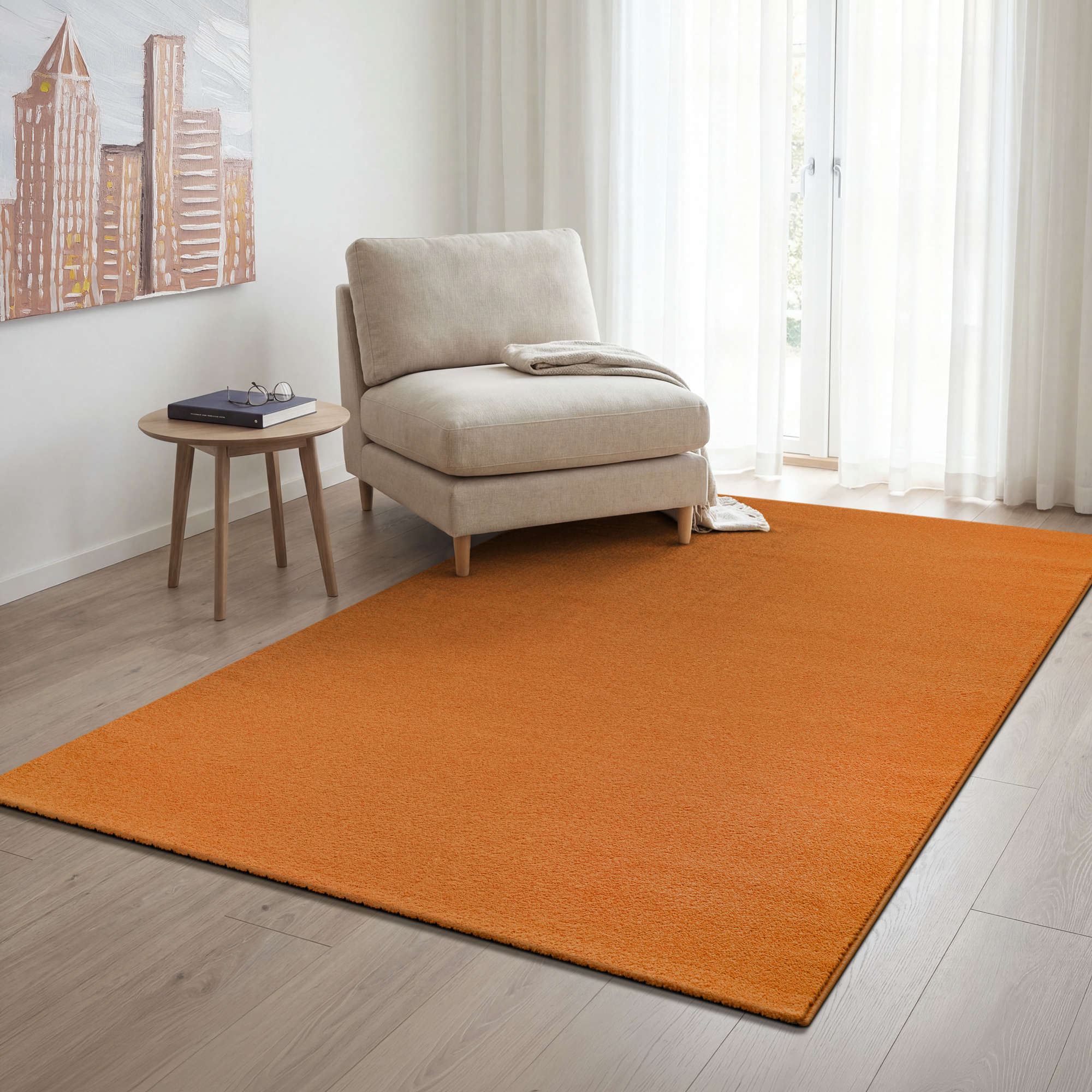 Uni Effen Laagpolig Vloerkleed Modern Oranje