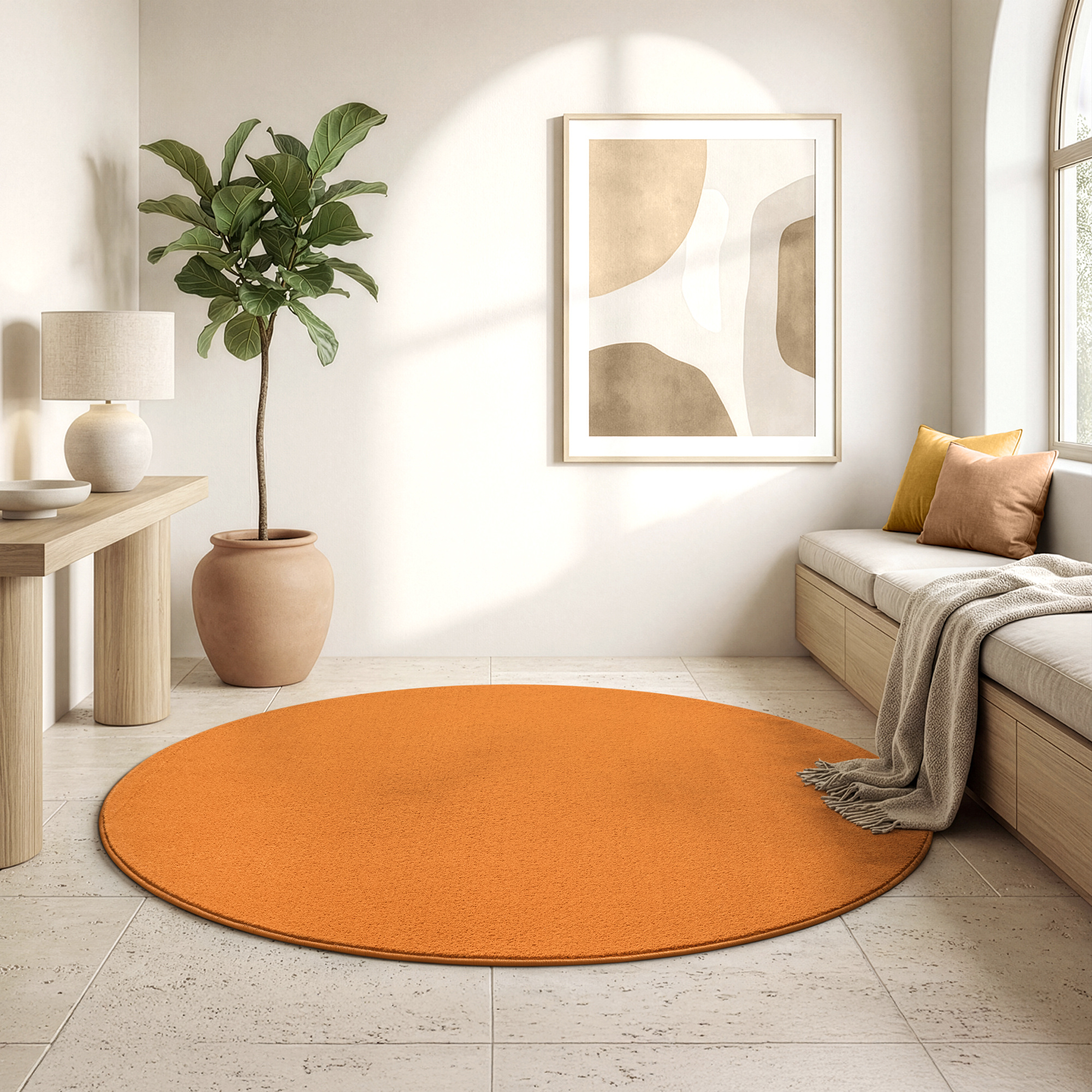 Uni Rond Oranje Vloerkleed – Modern Laagpolig Effen Tapijt