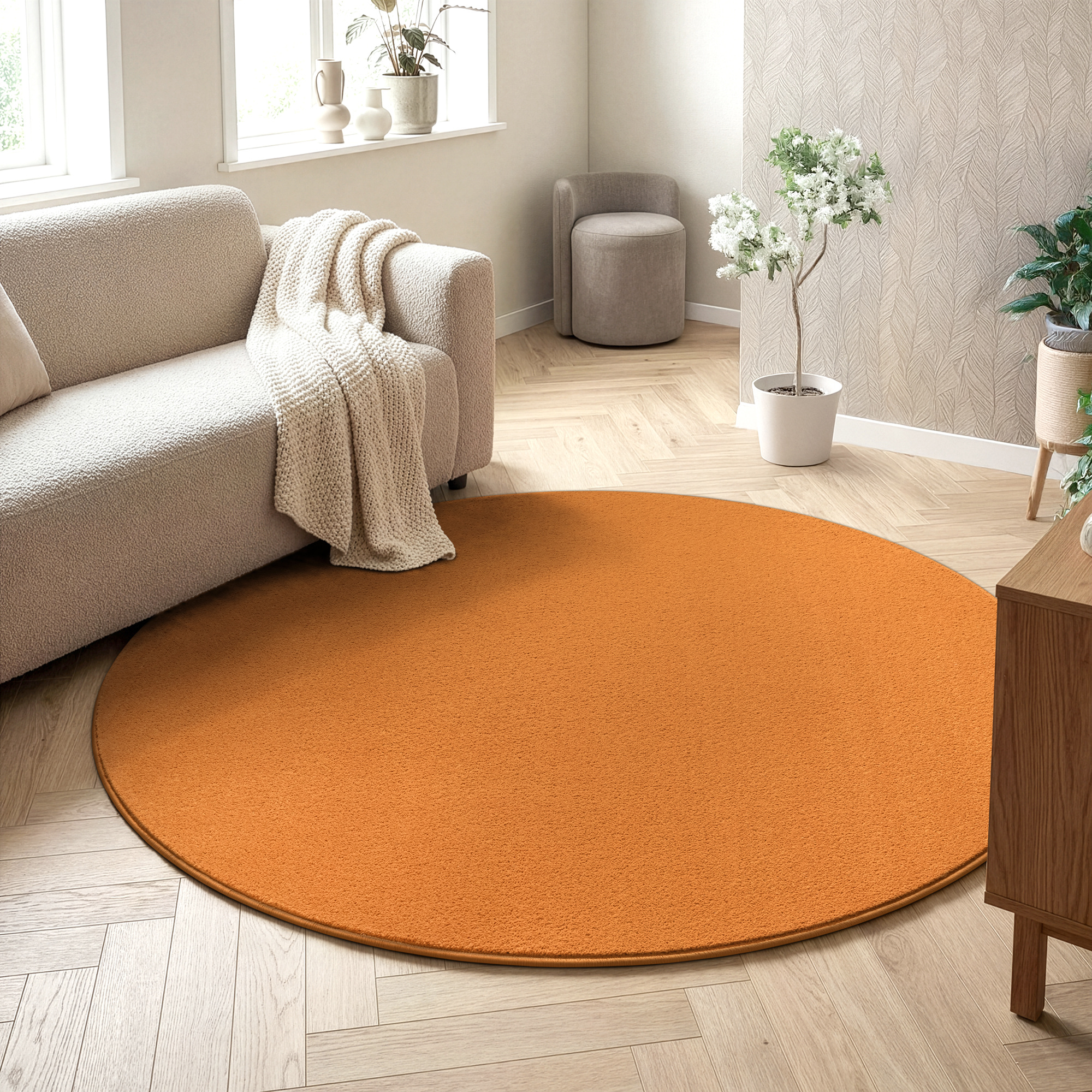 Uni Rond Oranje Vloerkleed – Modern Laagpolig Effen Tapijt