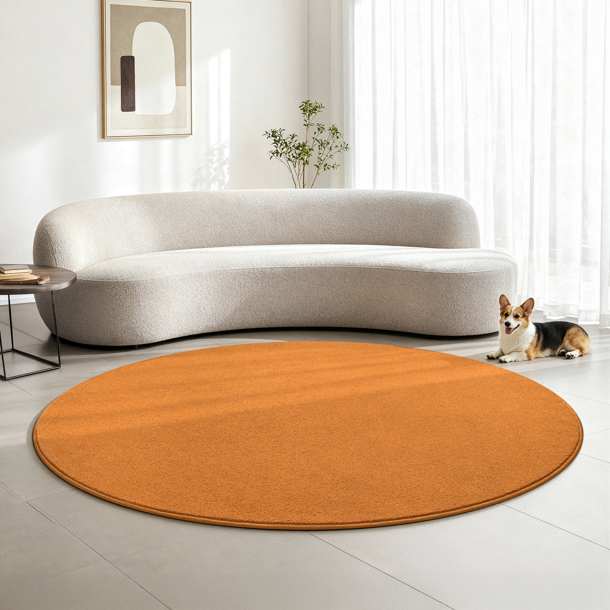 Uni Rond Oranje Vloerkleed – Modern Laagpolig Effen Tapijt