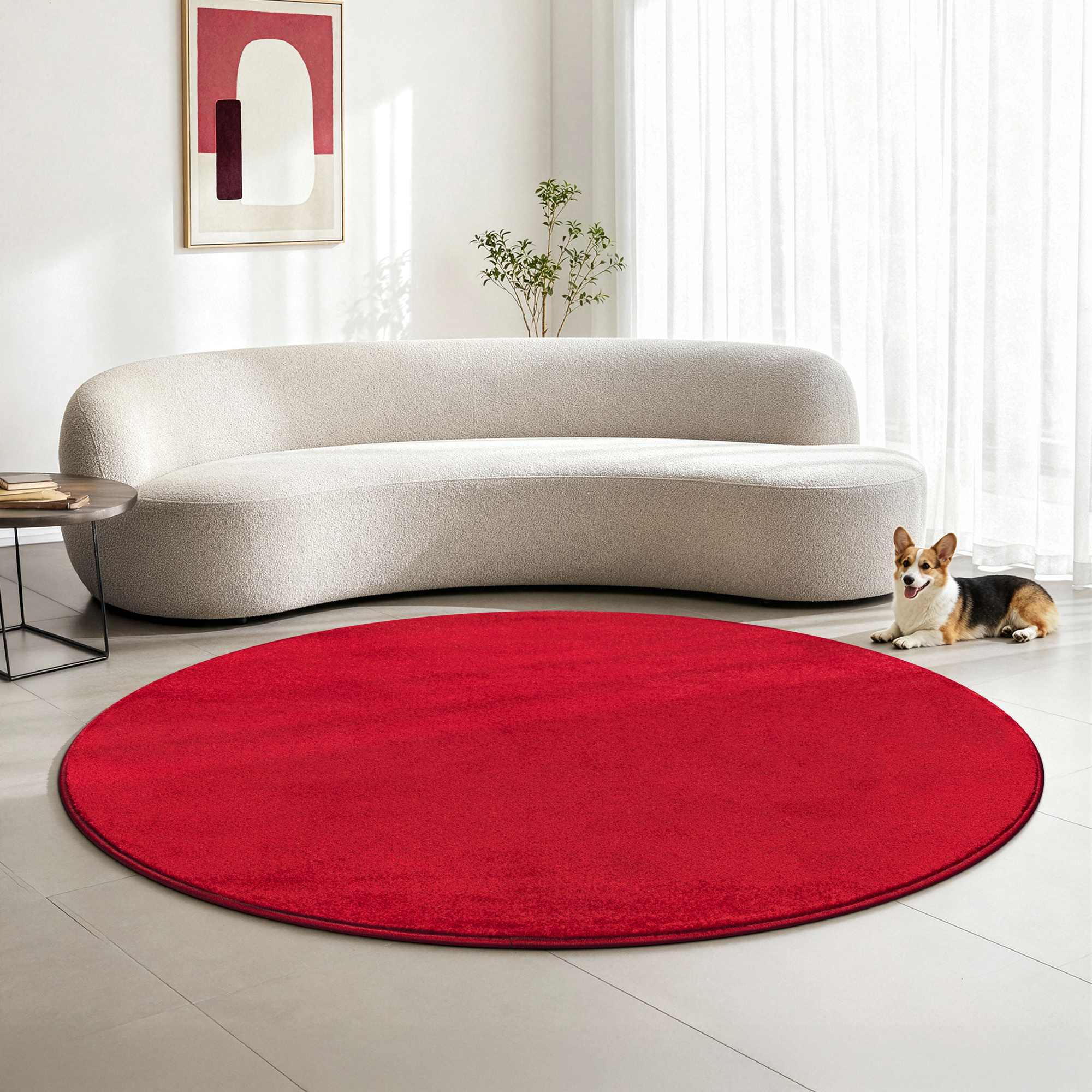 Uni Rond Rood Vloerkleed – Modern Laagpolig Effen Tapijt