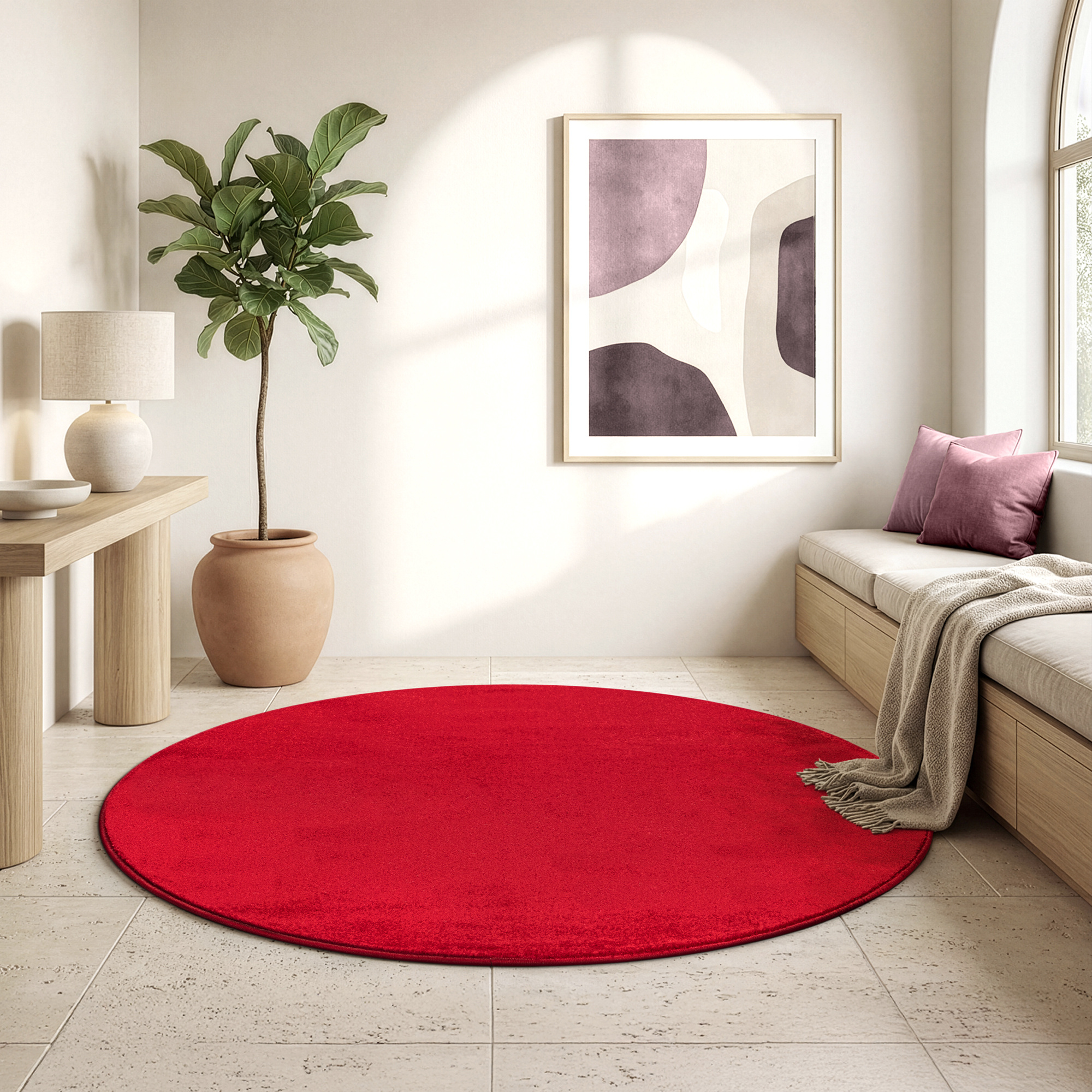 Uni Rond Rood Vloerkleed – Modern Laagpolig Effen Tapijt