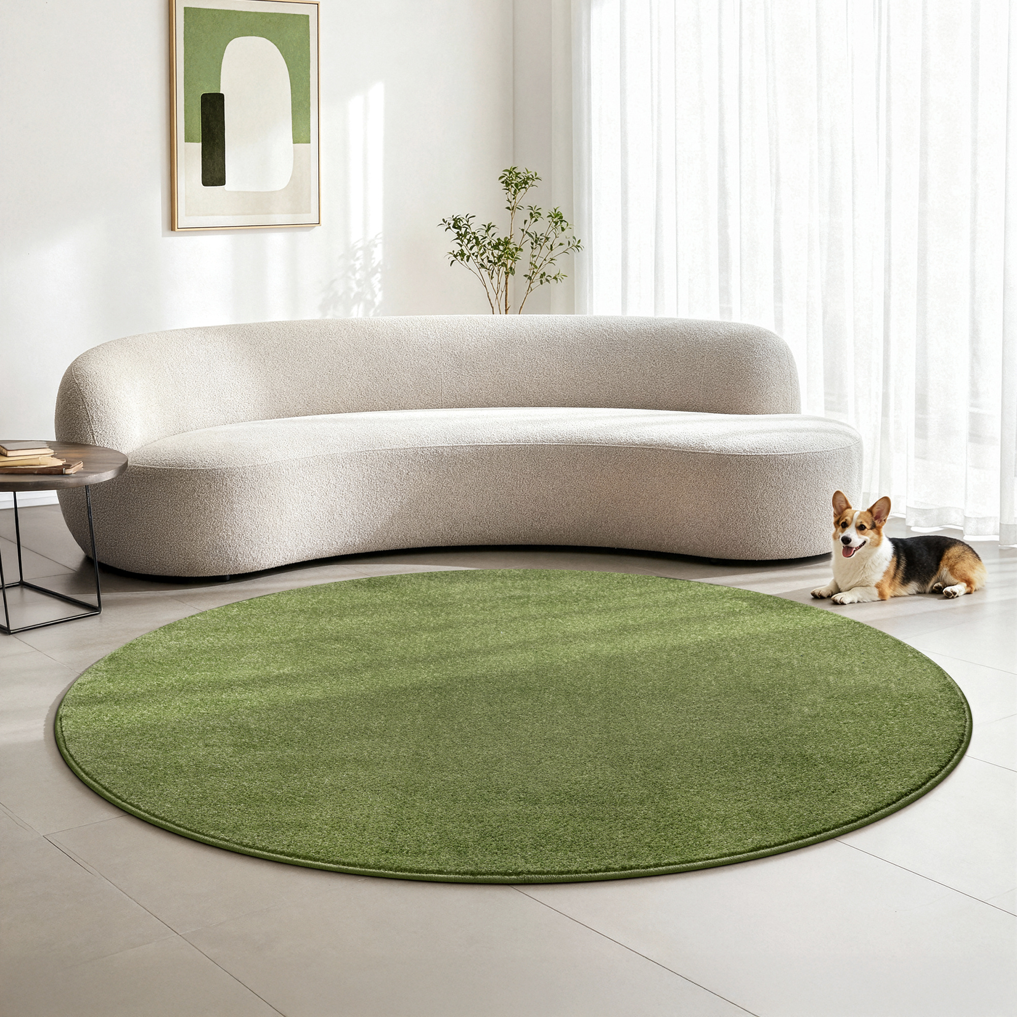 Uni Rond Groen Vloerkleed – Modern Laagpolig Effen Tapijt