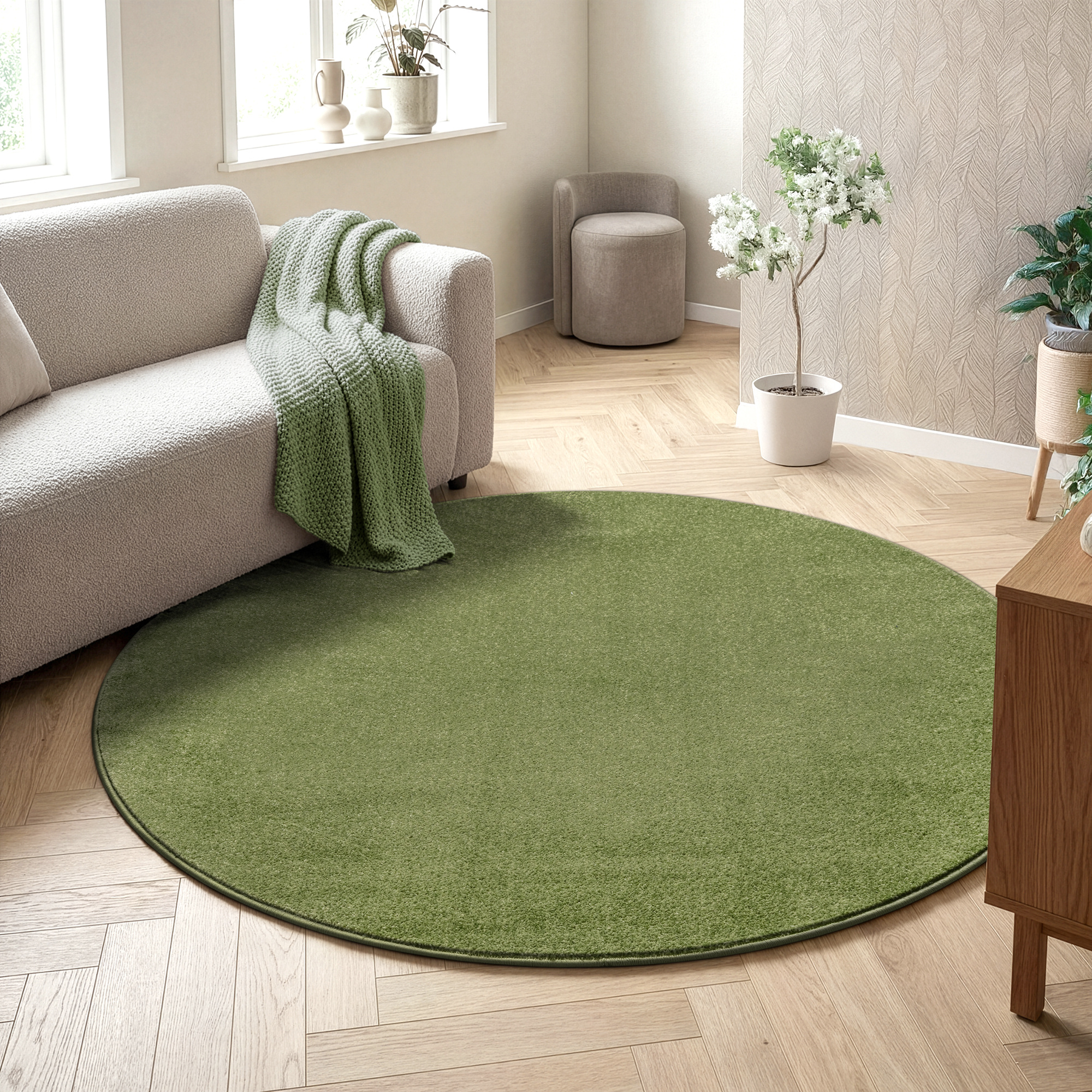 Uni Rond Groen Vloerkleed – Modern Laagpolig Effen Tapijt