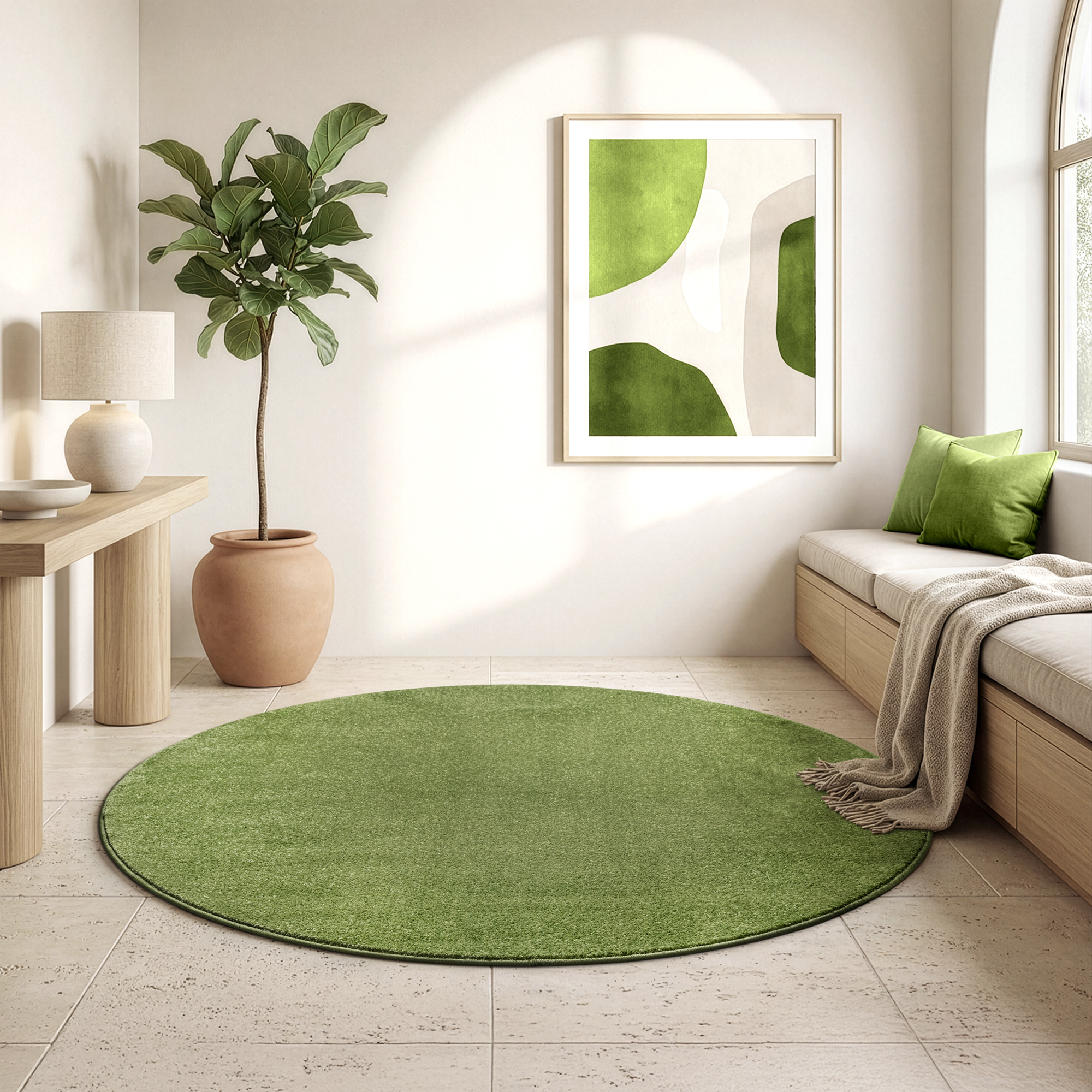 Uni Rond Groen Vloerkleed – Modern Laagpolig Effen Tapijt