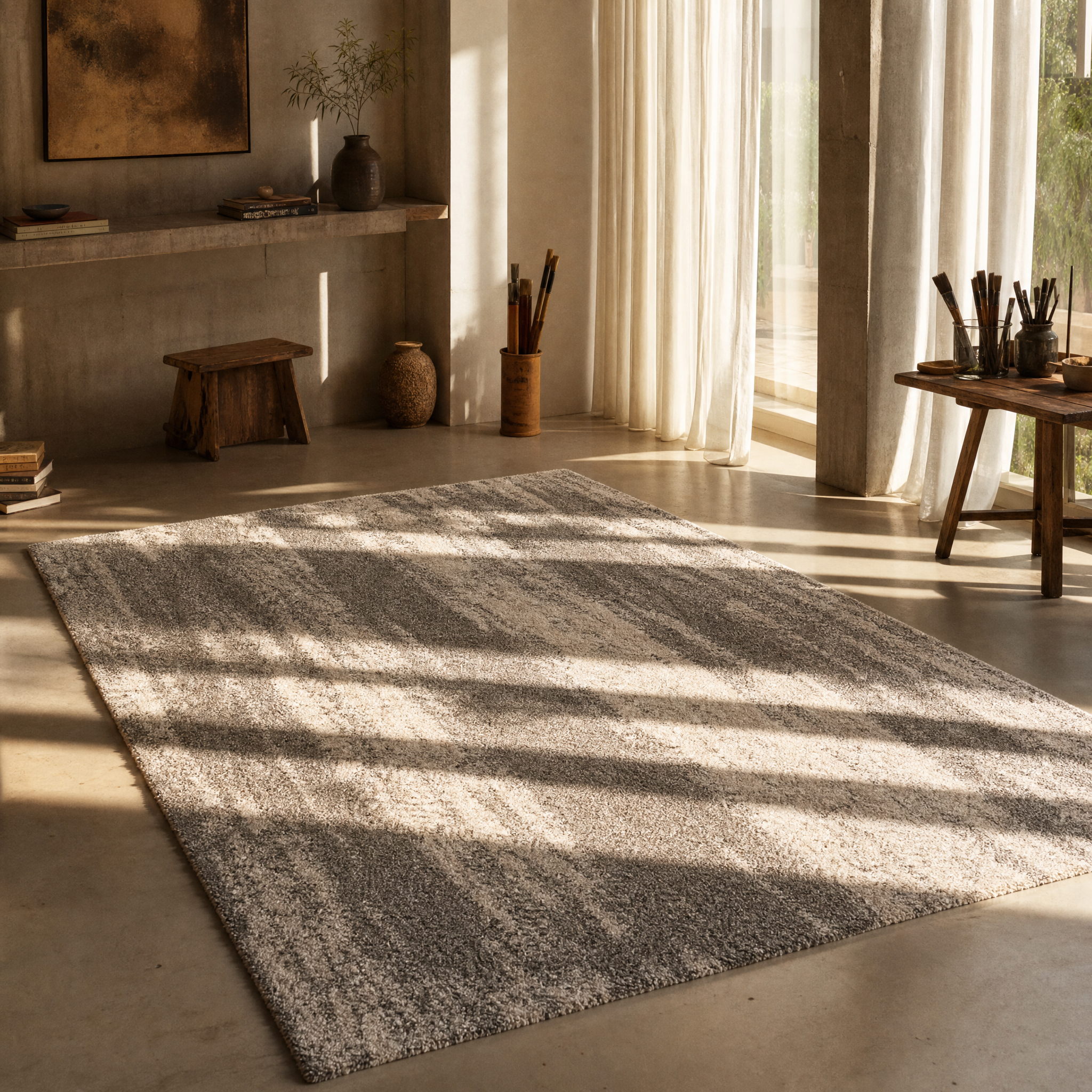 Mirage Shaggy Hoogpolig Vloerkleed Grijs/Crème