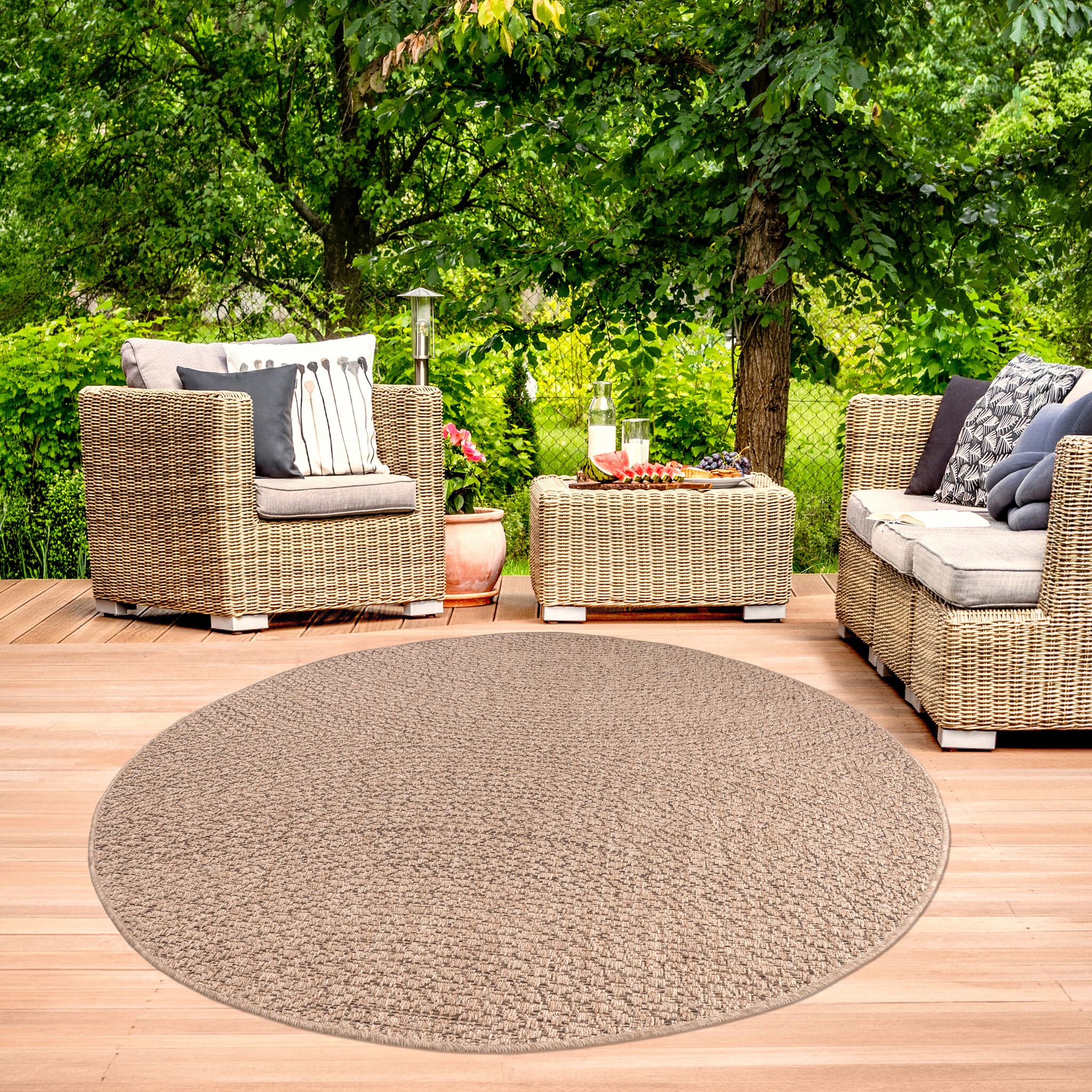 Sahara Uni Rond Buitenkleed Jute-Look Weerbestendig Vloerkleed Beige