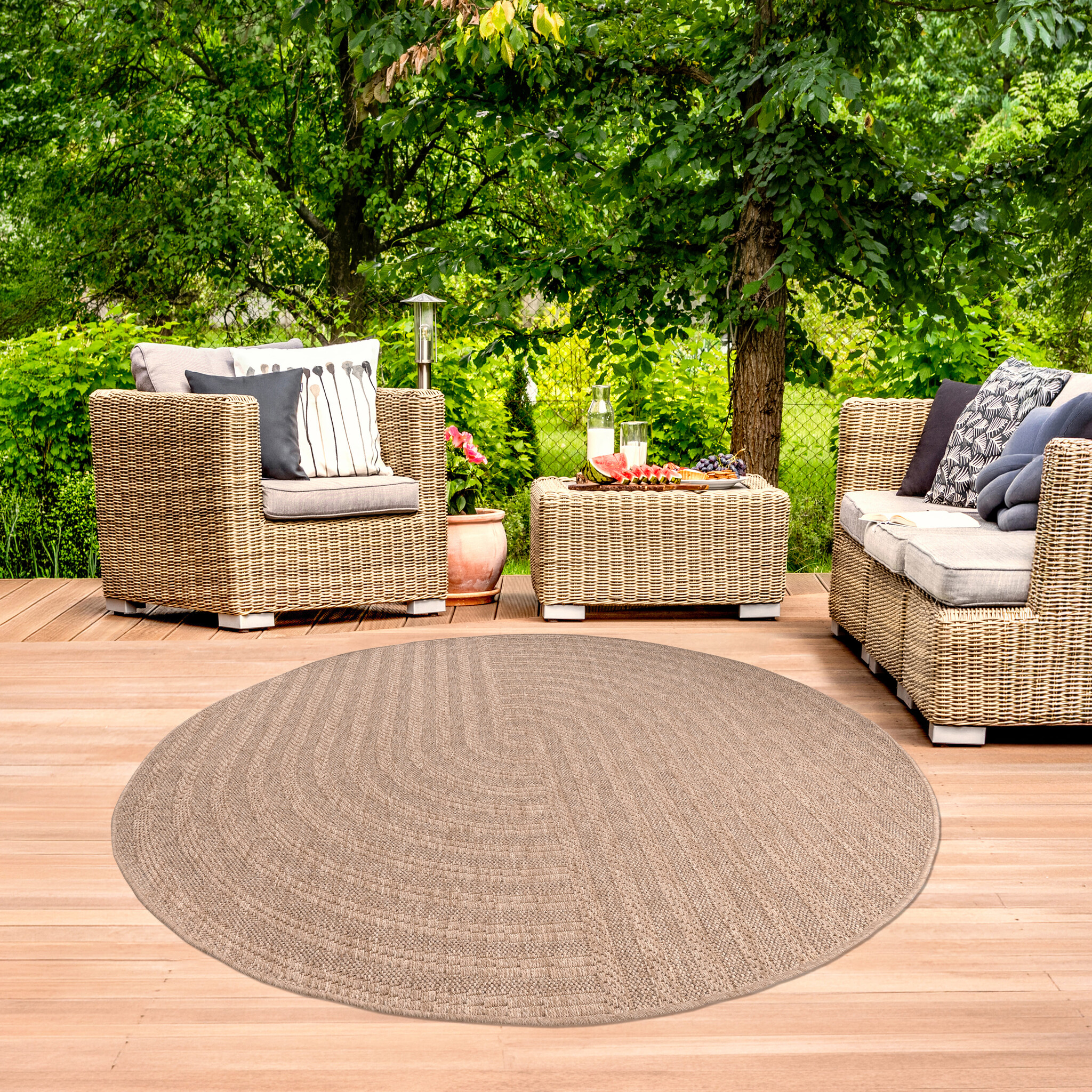 Sahara Japandi Rond Buitenkleed Jute-Look Weerbestendig Vloerkleed Beige Zwart