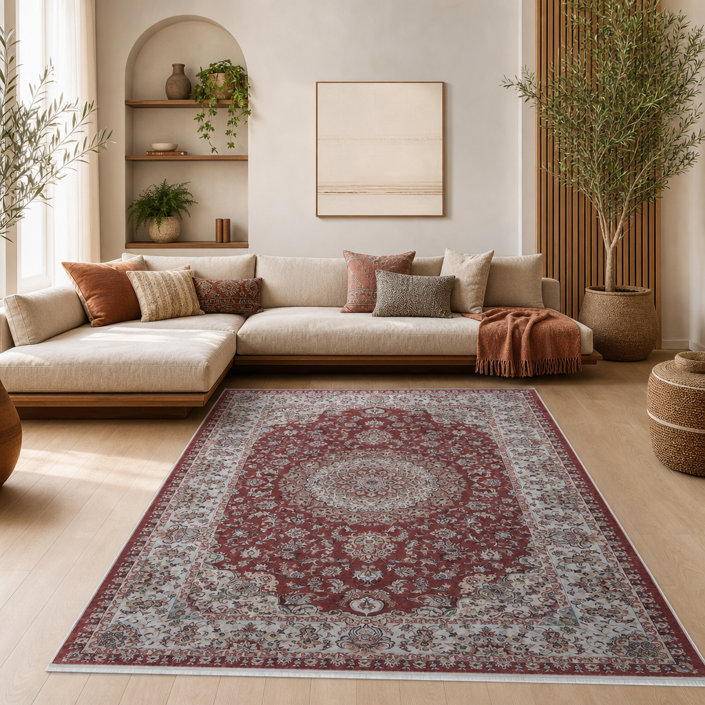 Star Klassiek Oosters Vloerkleed Wasbaar Anti Slip Rood Creme