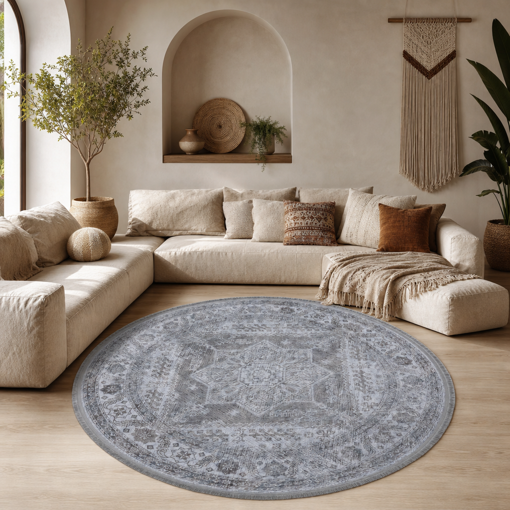 Star Rond Vintage Vloerkleed Wasbaar Grijs Beige
