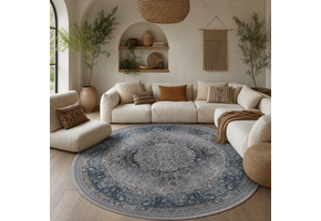 Star Rond Klassiek Oosters Vloerkleed Wasbaar Grijs Blauw