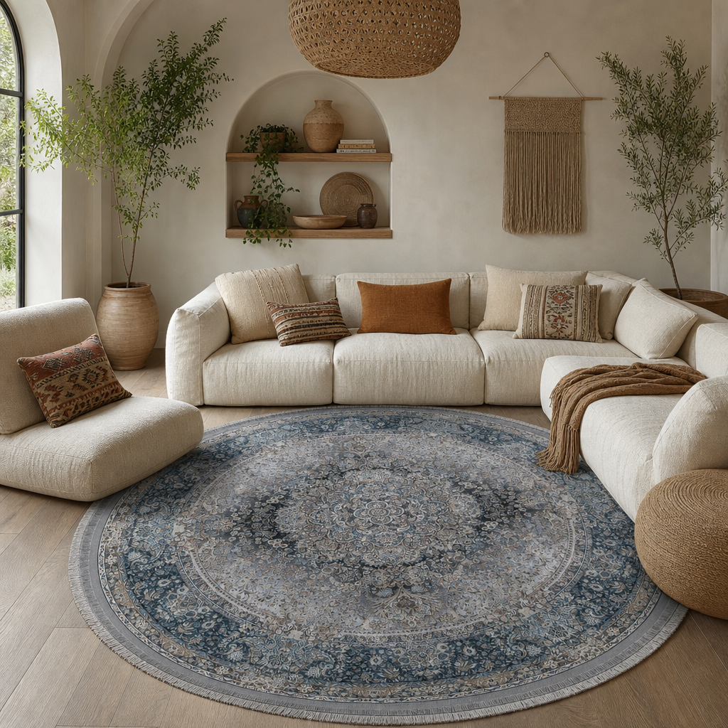 Star Rond Klassiek Oosters Vloerkleed Wasbaar Grijs Blauw
