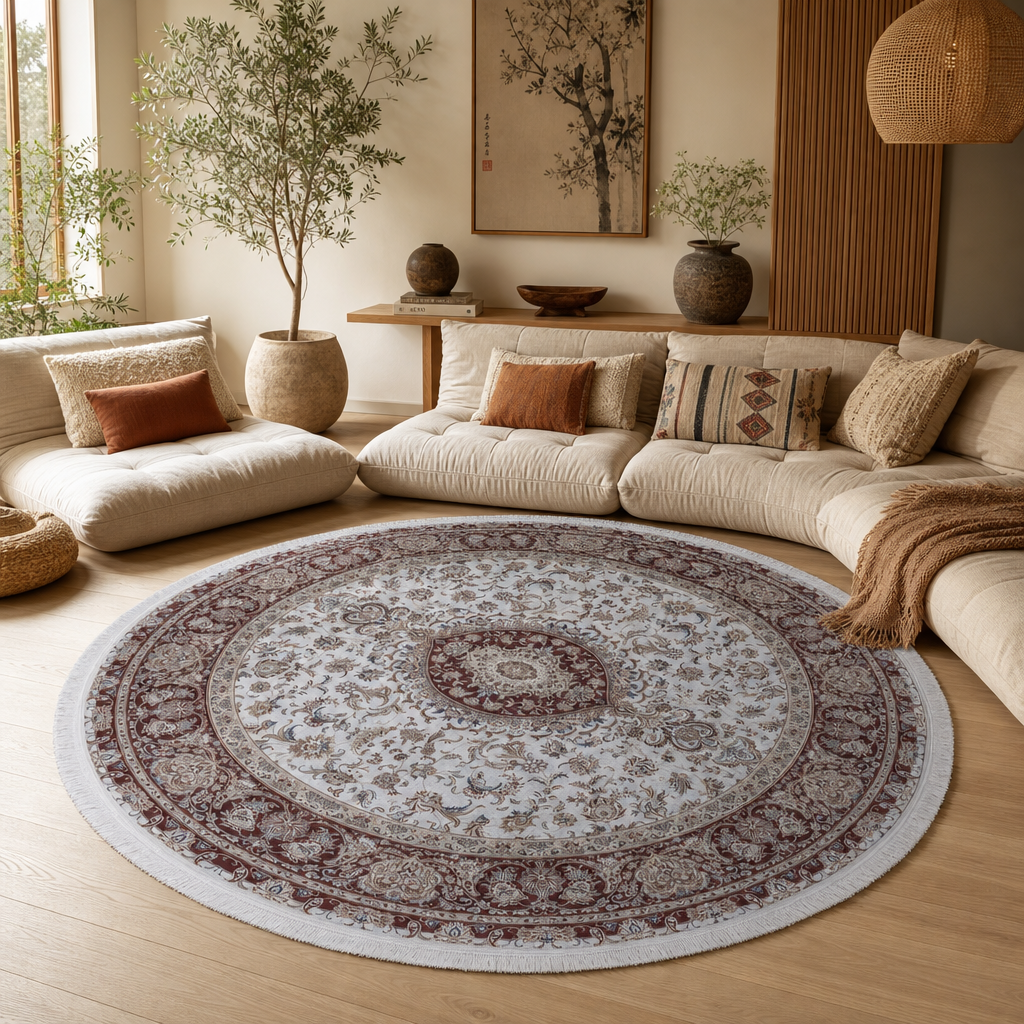 Star Rond Klassiek Oosters Vloerkleed Wasbaar Creme Rood