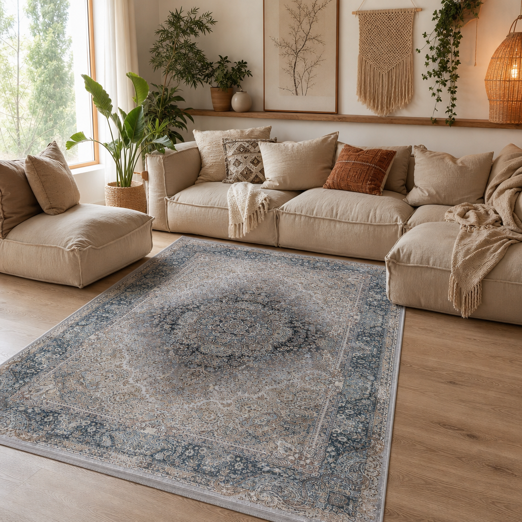 Star Klassiek Oosters Vloerkleed Wasbaar Anti Slip Grijs Blauw