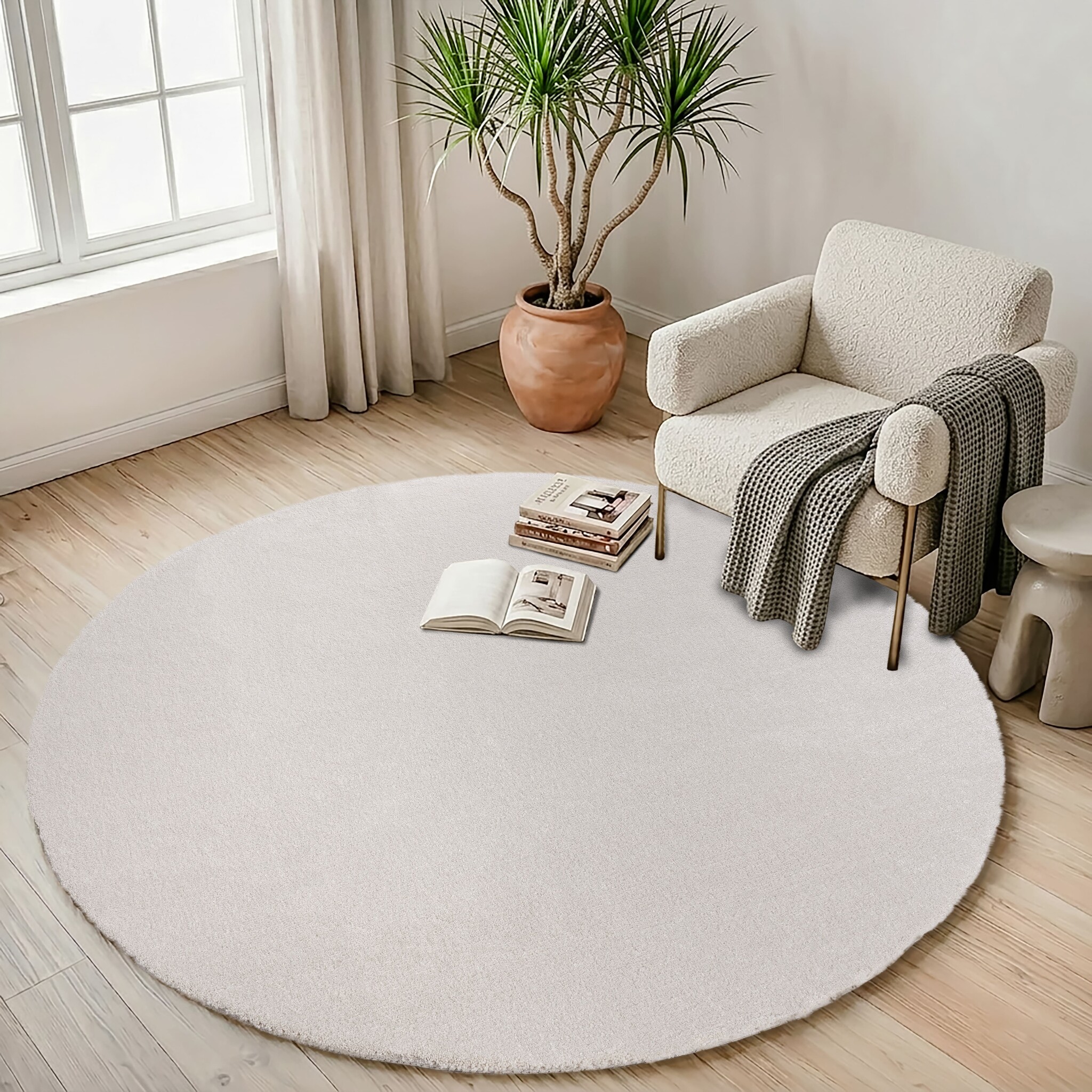 Comfy Premium - Rond Luxe Effen Vloerkleed Wasbaar Uni Creme